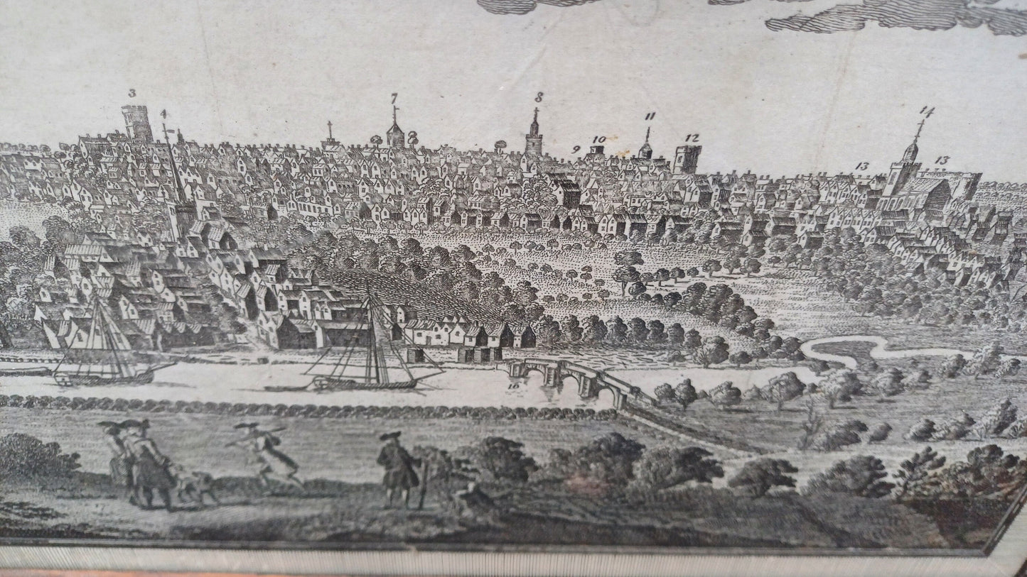 Quality wooden frame, heavy solid, with glazing, good backing and hanging wire - a print of copper engraving, lithograph of cityscape