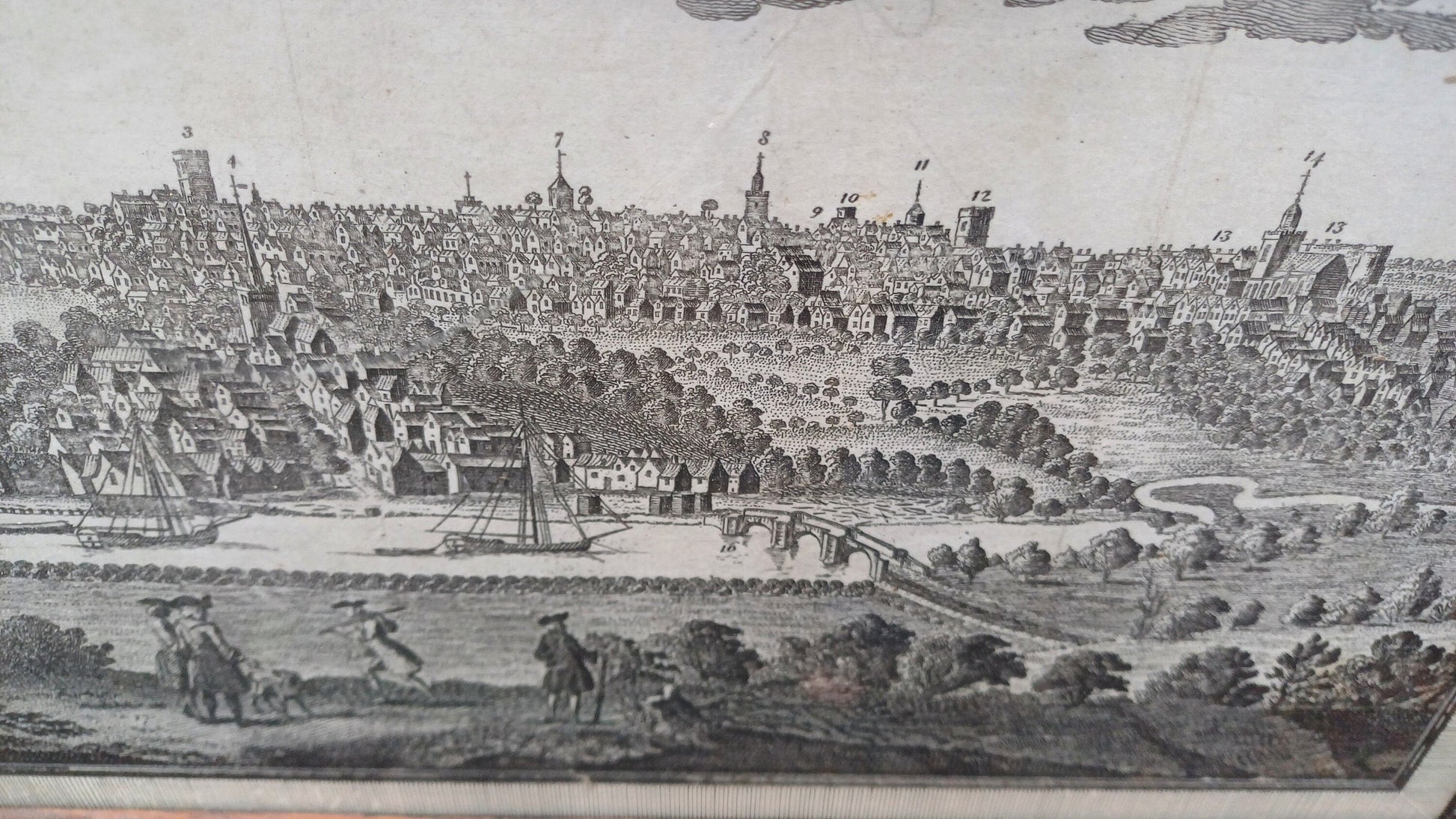 Quality wooden frame, heavy solid, with glazing, good backing and hanging wire - a print of copper engraving, lithograph of cityscape