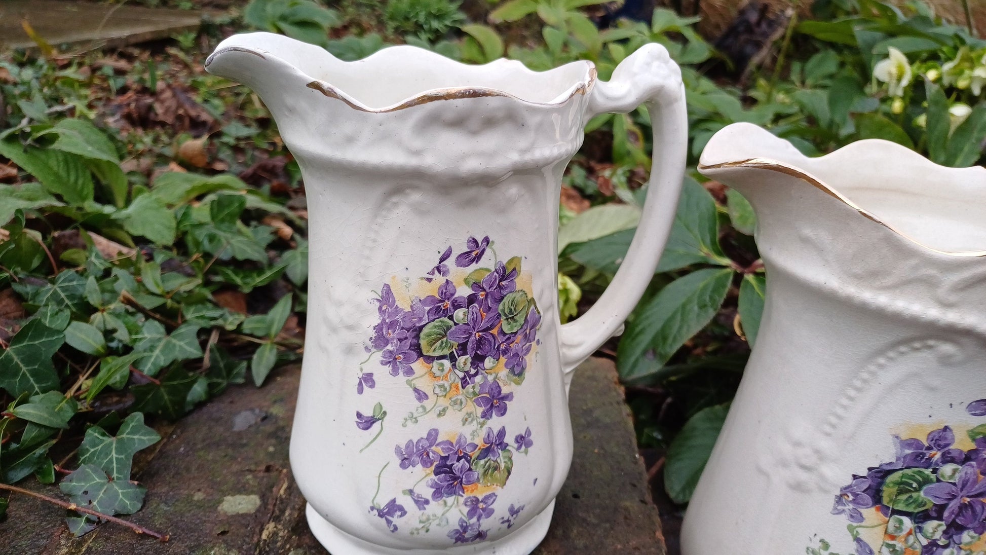 Victorian Jugs - two matching - large and medium size - floral and gilt detail