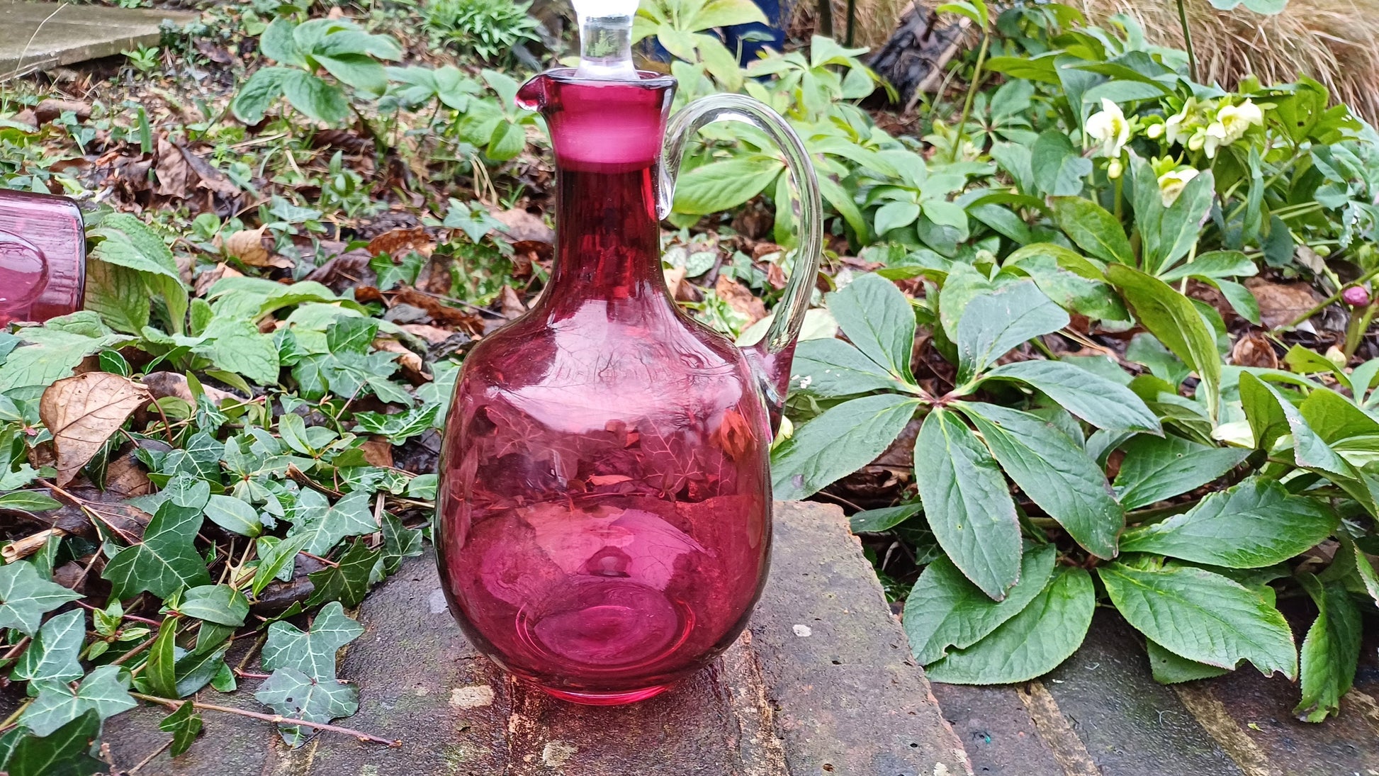 Vintage Cranberry Decanter - handblown pontil - clear handle and stopper -
