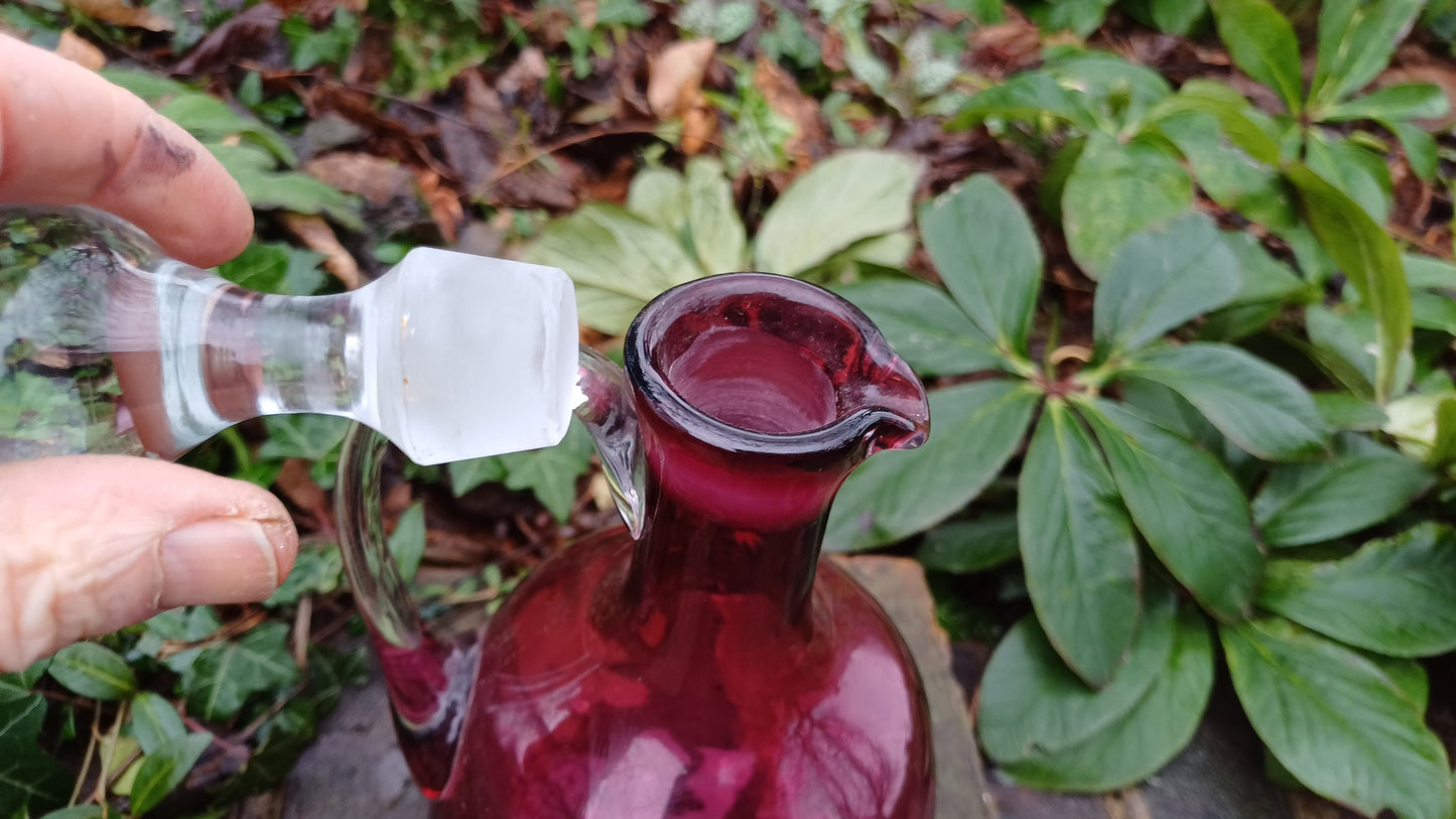 Vintage Cranberry Decanter - handblown pontil - clear handle and stopper -