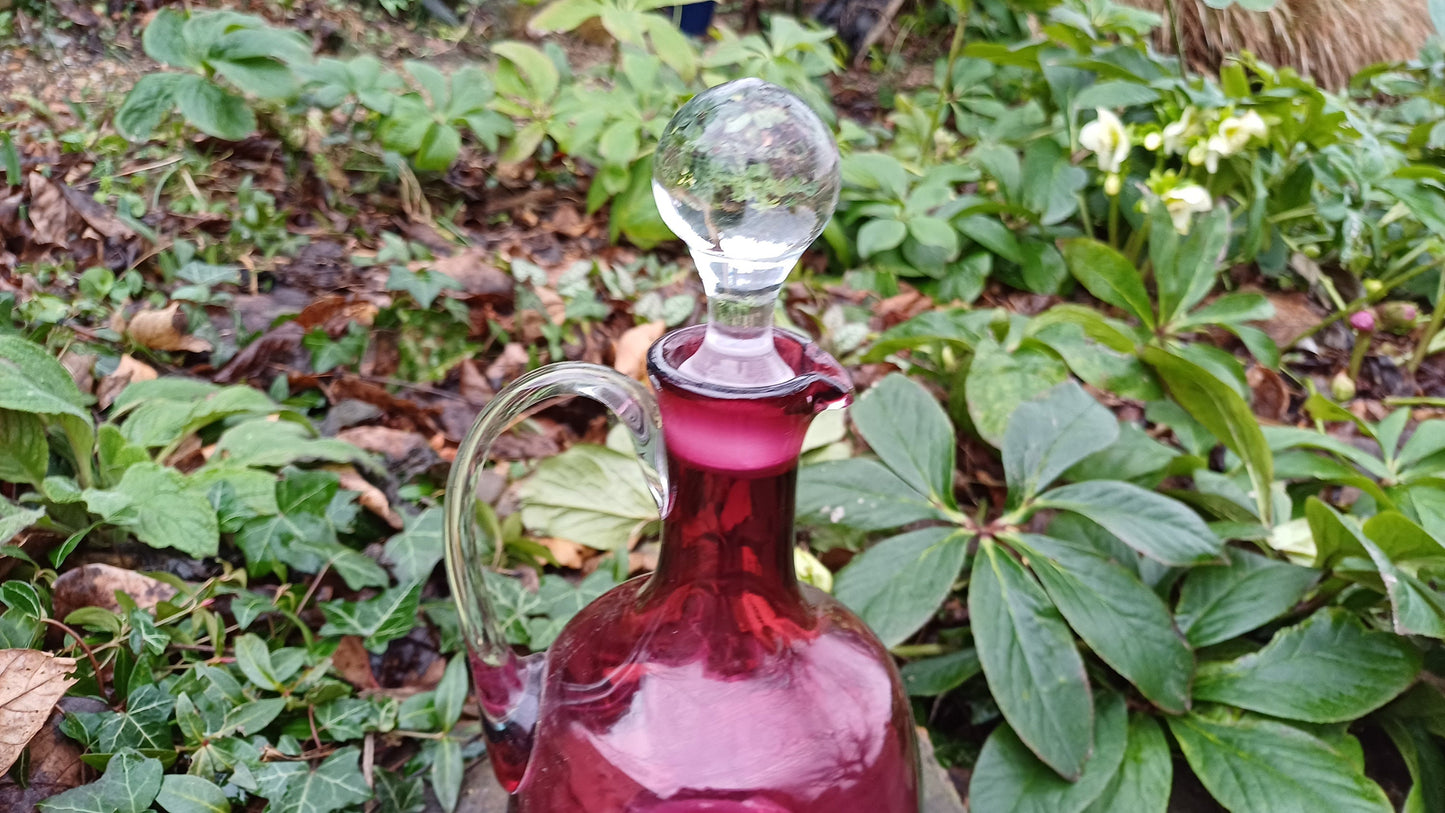 Vintage Cranberry Decanter - handblown pontil - clear handle and stopper -
