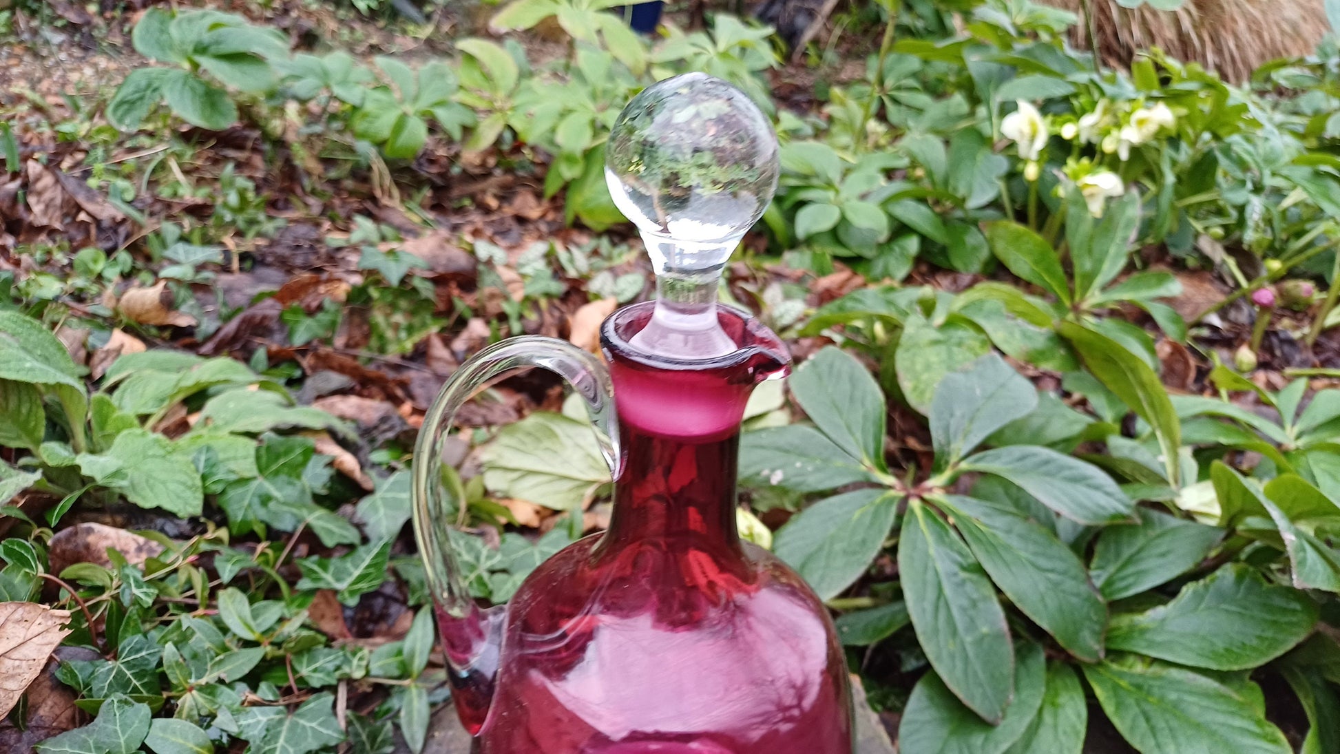 Vintage Cranberry Decanter - handblown pontil - clear handle and stopper -