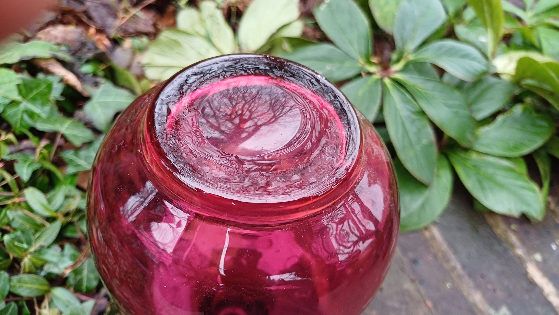 Vintage Cranberry Decanter - handblown pontil - clear handle and stopper -