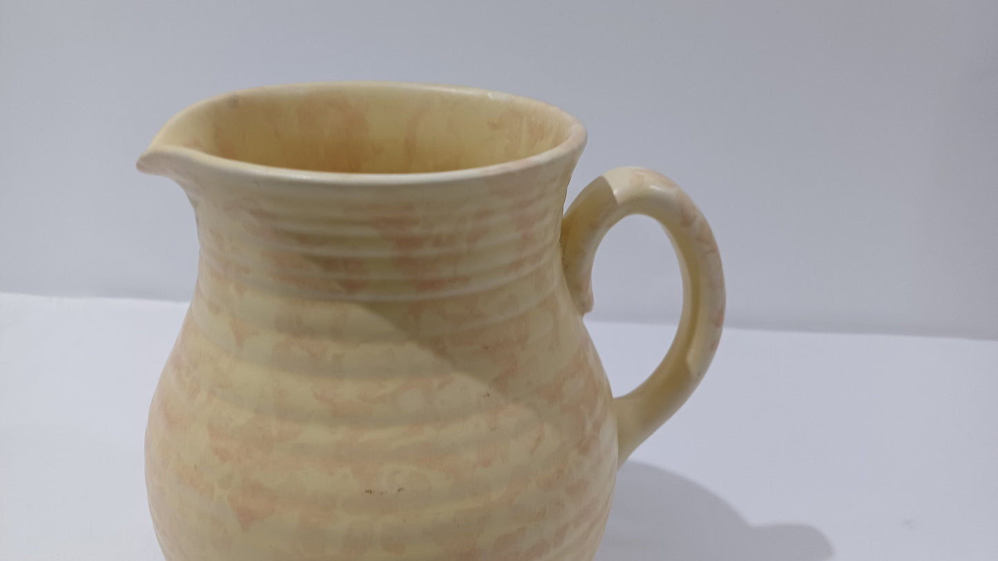 Cream Arthur Wood Vintage Jug Vase - pink mottled pattern - ribbed detail - large jug vase