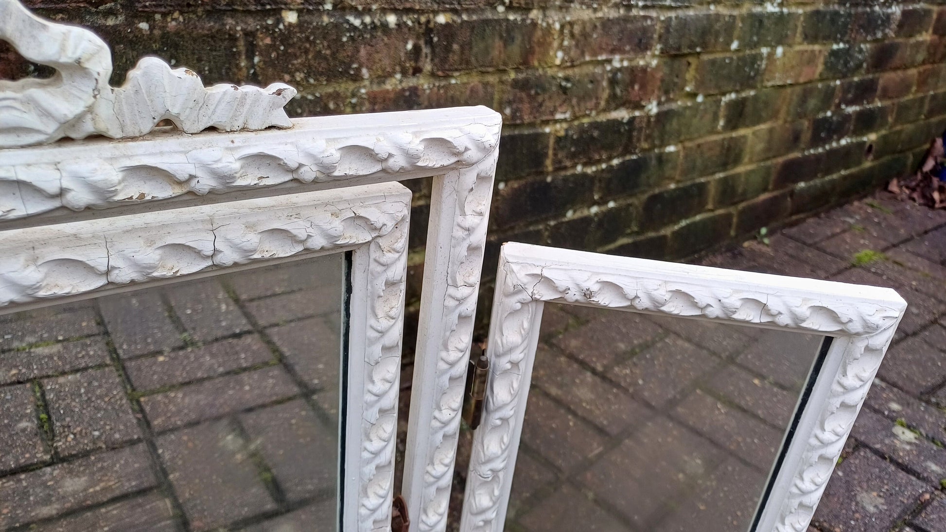 Vintage Painted Wooden Triple Dressing Table Mirror Adjustable Ribbon Decoration.