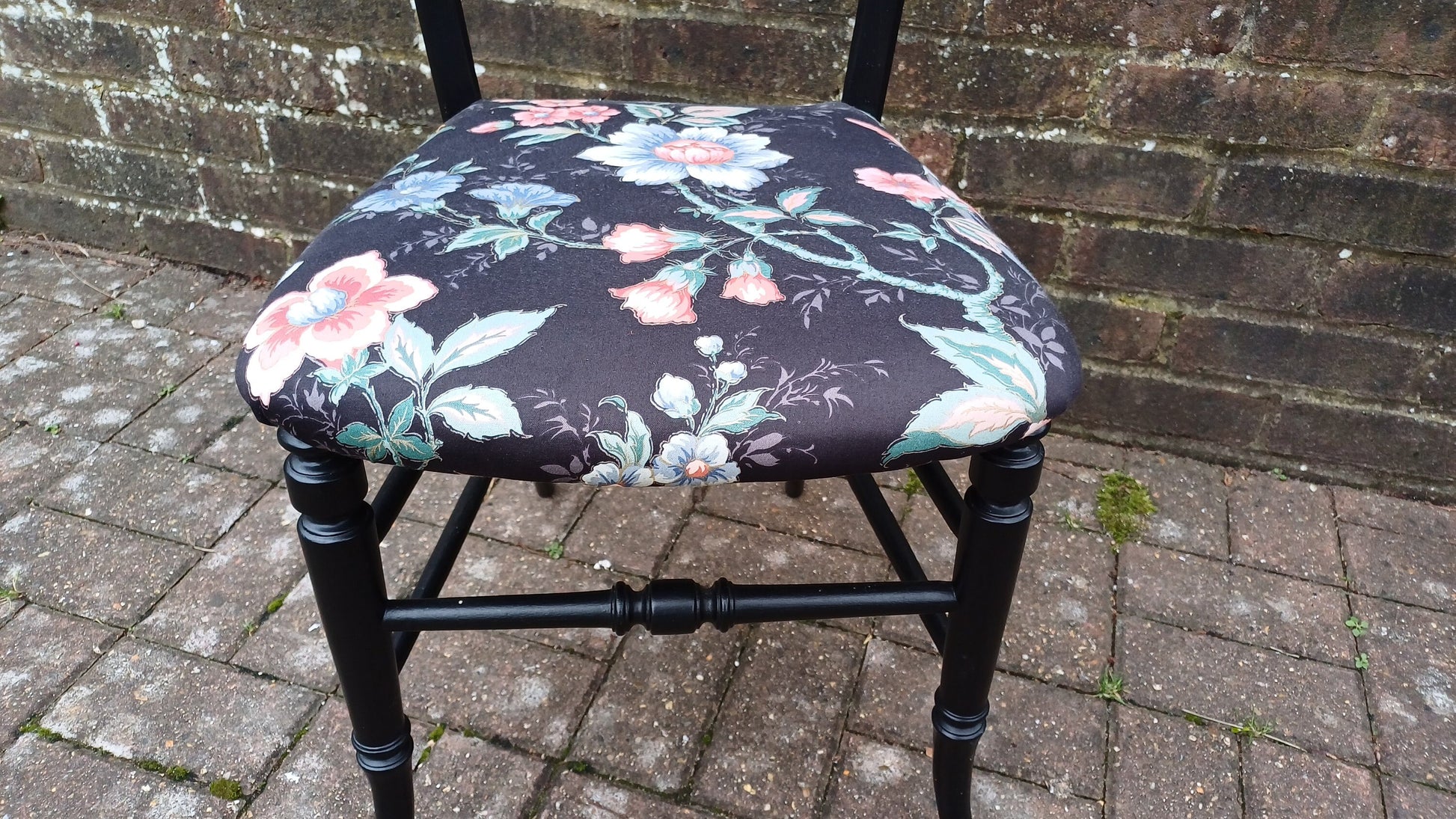 Beautifully Restored Painted Black Occasional Chair. Newly Upholstered Still Life Fabric.