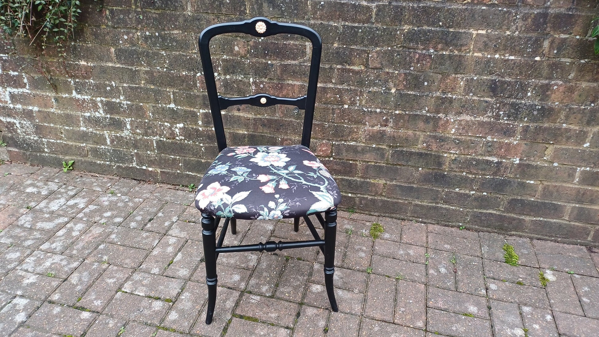 Beautifully Restored Painted Black Occasional Chair. Newly Upholstered Still Life Fabric.