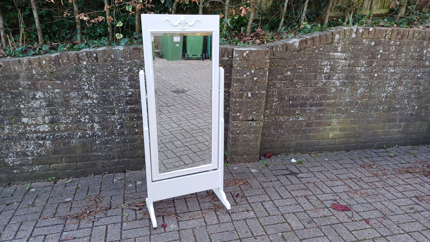 Large Early 20th Century Vintage Cheval Mirror. Solid Wood. Farrow and Ball Wimborne White.