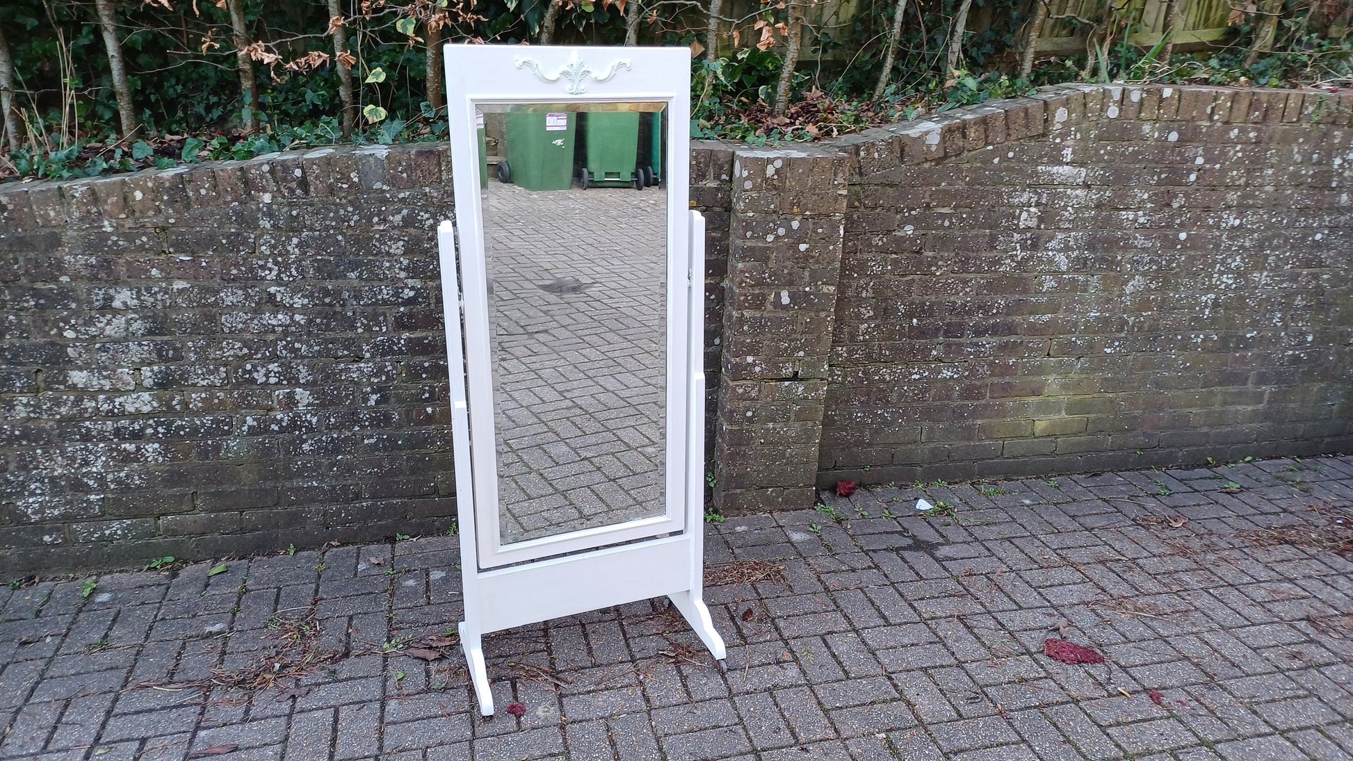 Large Early 20th Century Vintage Cheval Mirror. Solid Wood. Farrow and Ball Wimborne White.