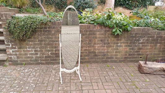 Elegant Vintage Retro Painted Cheval Bedroom Mirror Oval White Gold Highlights.