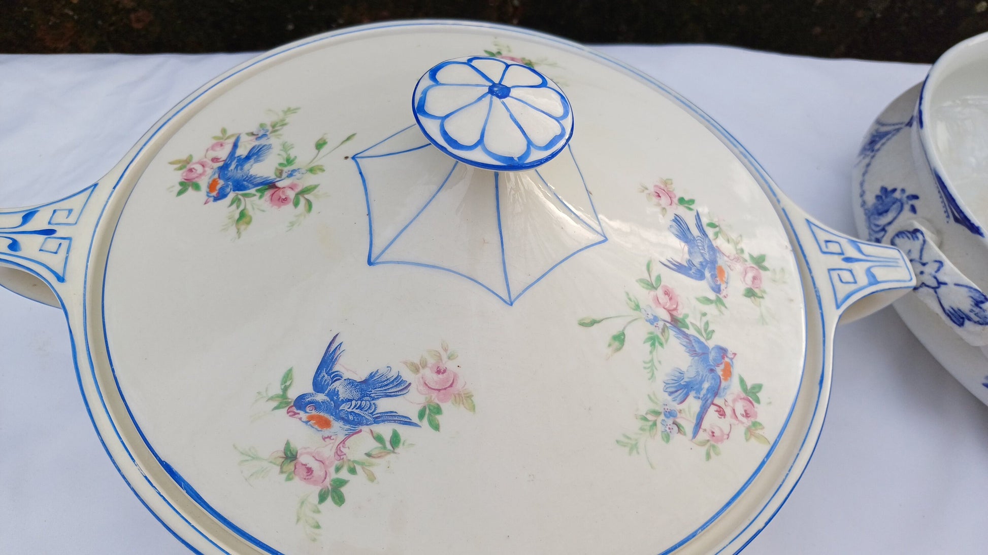 Two Pair of Vintage Serving Tureens Bowls Bird and Blue and White Decoration.