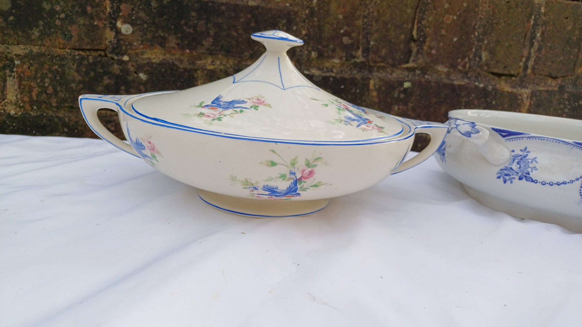 Two Pair of Vintage Serving Tureens Bowls Bird and Blue and White Decoration.