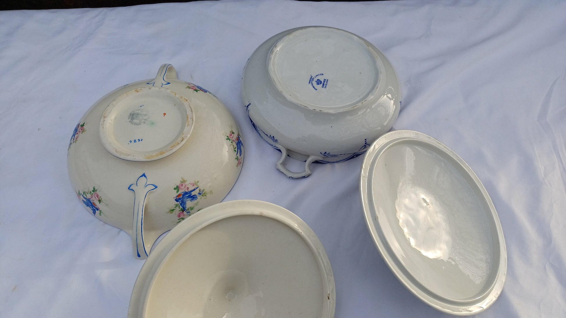 Two Pair of Vintage Serving Tureens Bowls Bird and Blue and White Decoration.