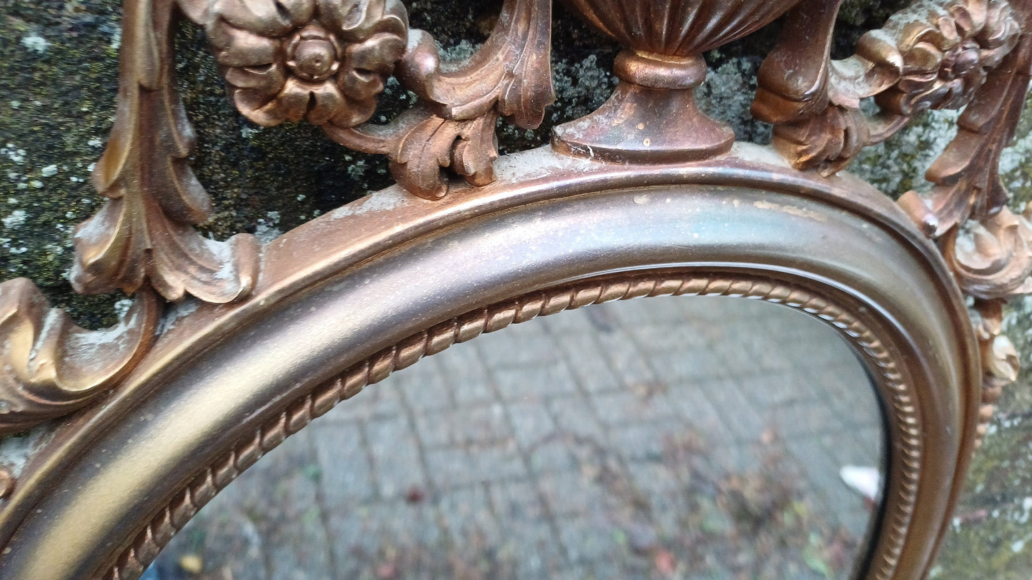 Large Classic 1970s Ornate Gold Gilt Oval Wall Mirror.