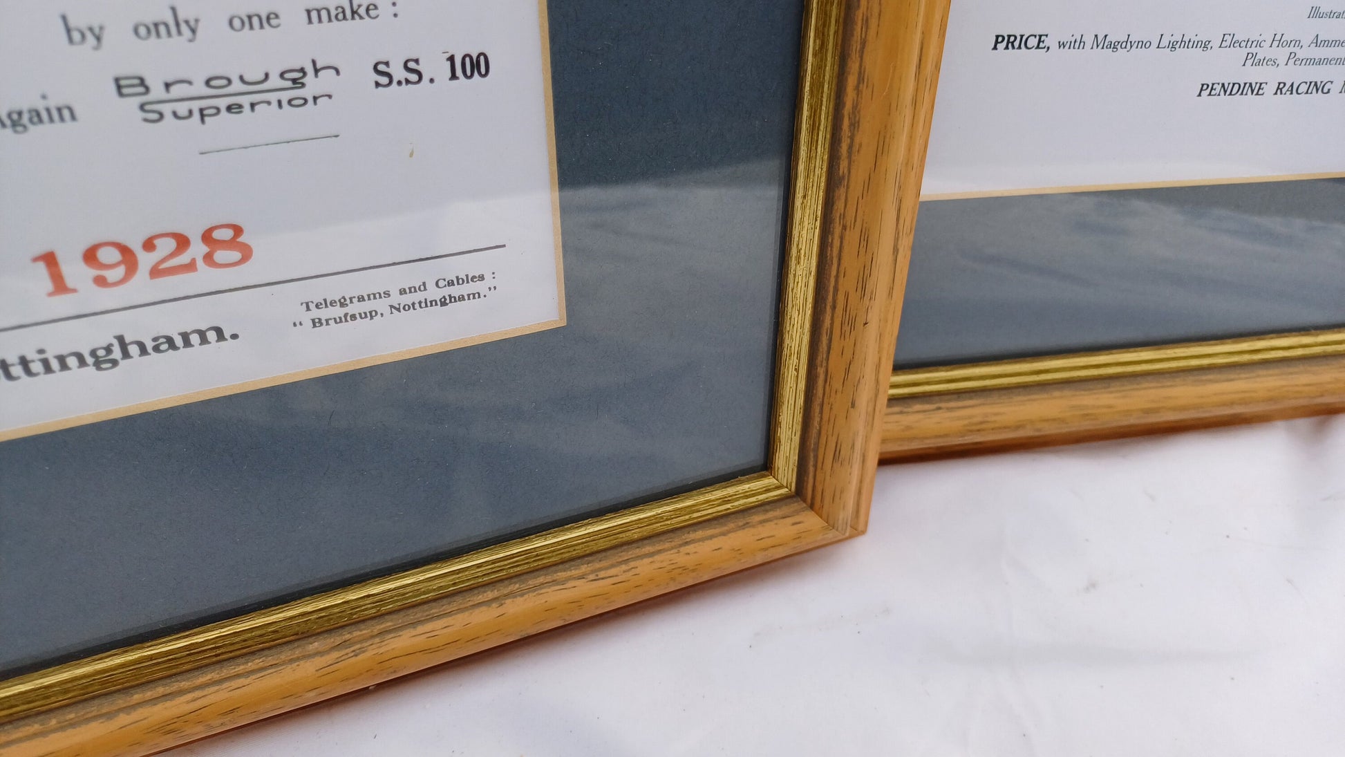 Three Vintage Motorcycle Advertising Prints 'SS100' Alpine Grand Sports and 'Pendine' George Brough with Wooden Picture Frames and Mounts.