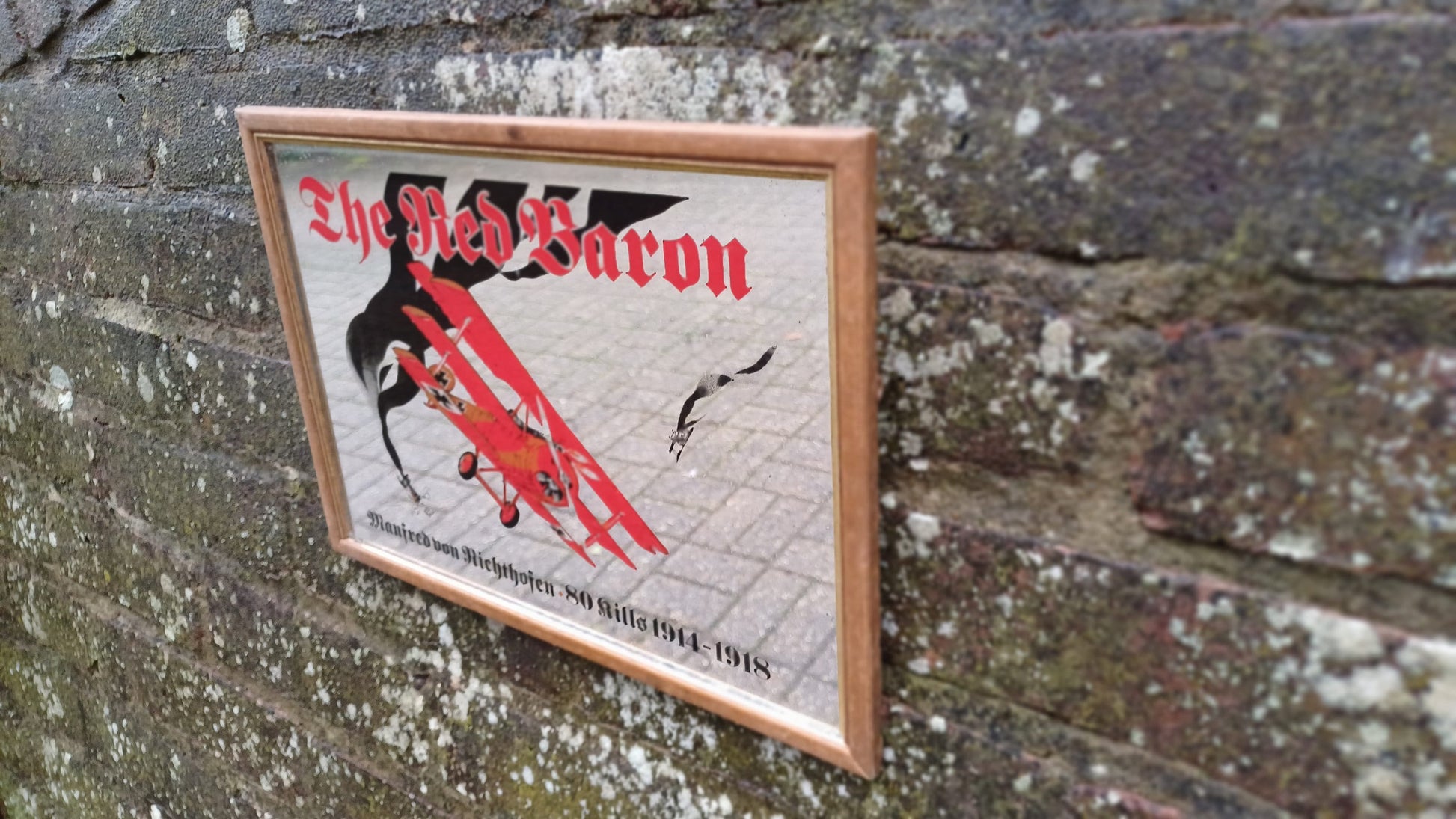 Classic 70s Retro 'The Red Baron' Richthofen Aeroplane WW1 Mirror. Wooden Frame.