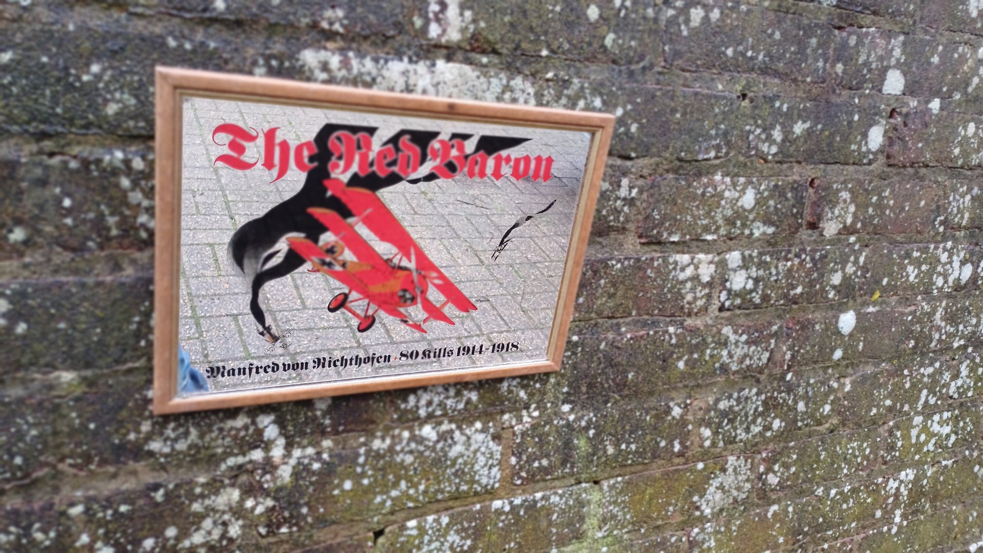 Classic 70s Retro 'The Red Baron' Richthofen Aeroplane WW1 Mirror. Wooden Frame.