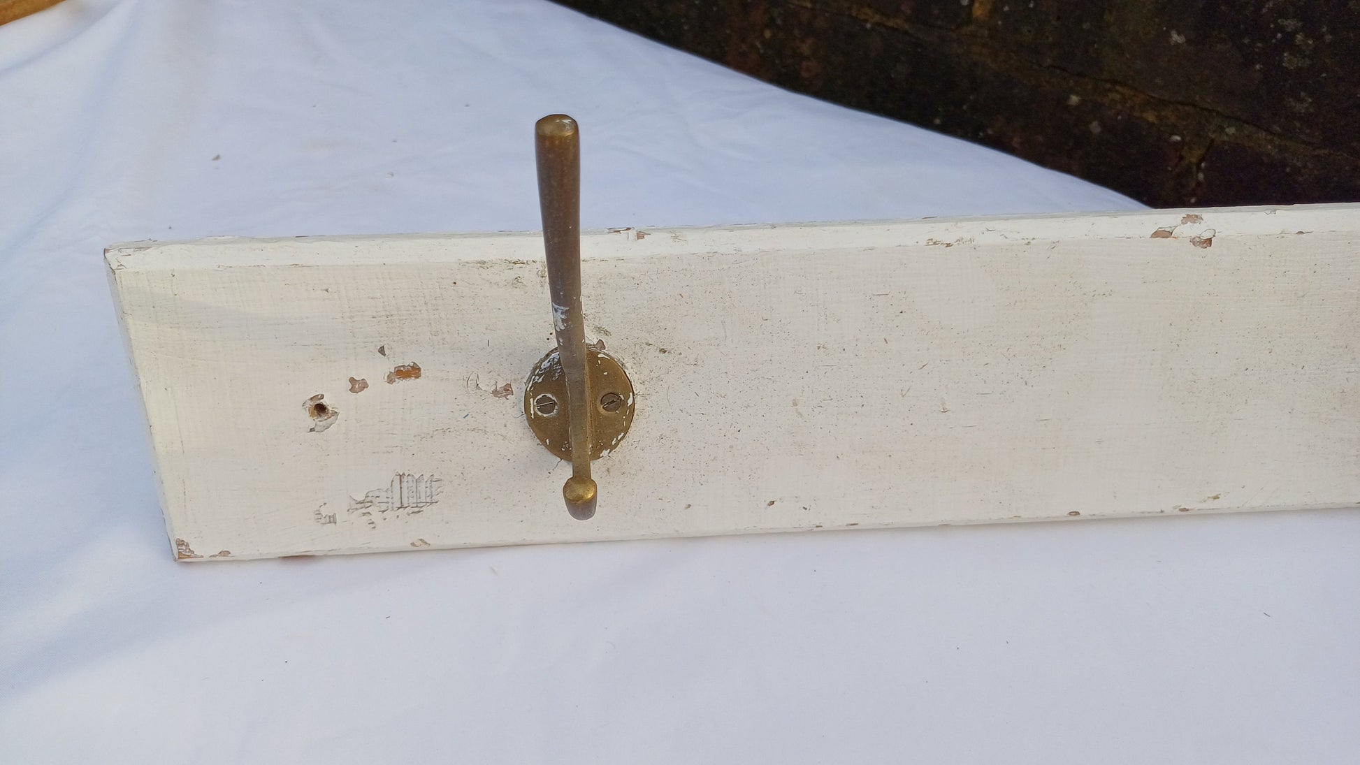 Vintage Painted Shabby Chic Wood and Brass Coat Hooks Bathroom Bedroom Hallway