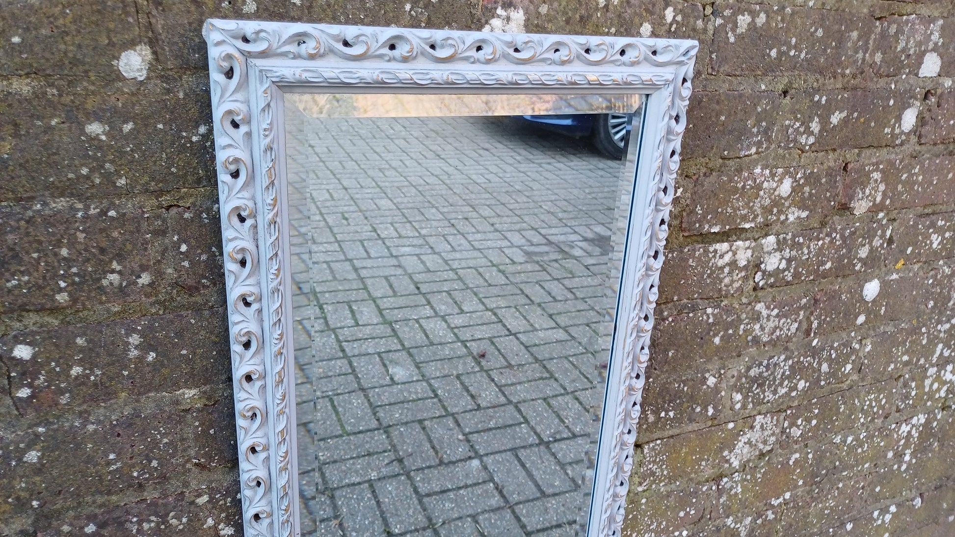 Vintage Hand Painted Retro Grey and Gold Wall Mirror Unique Bespoke Bevelled, Hangs Either Way