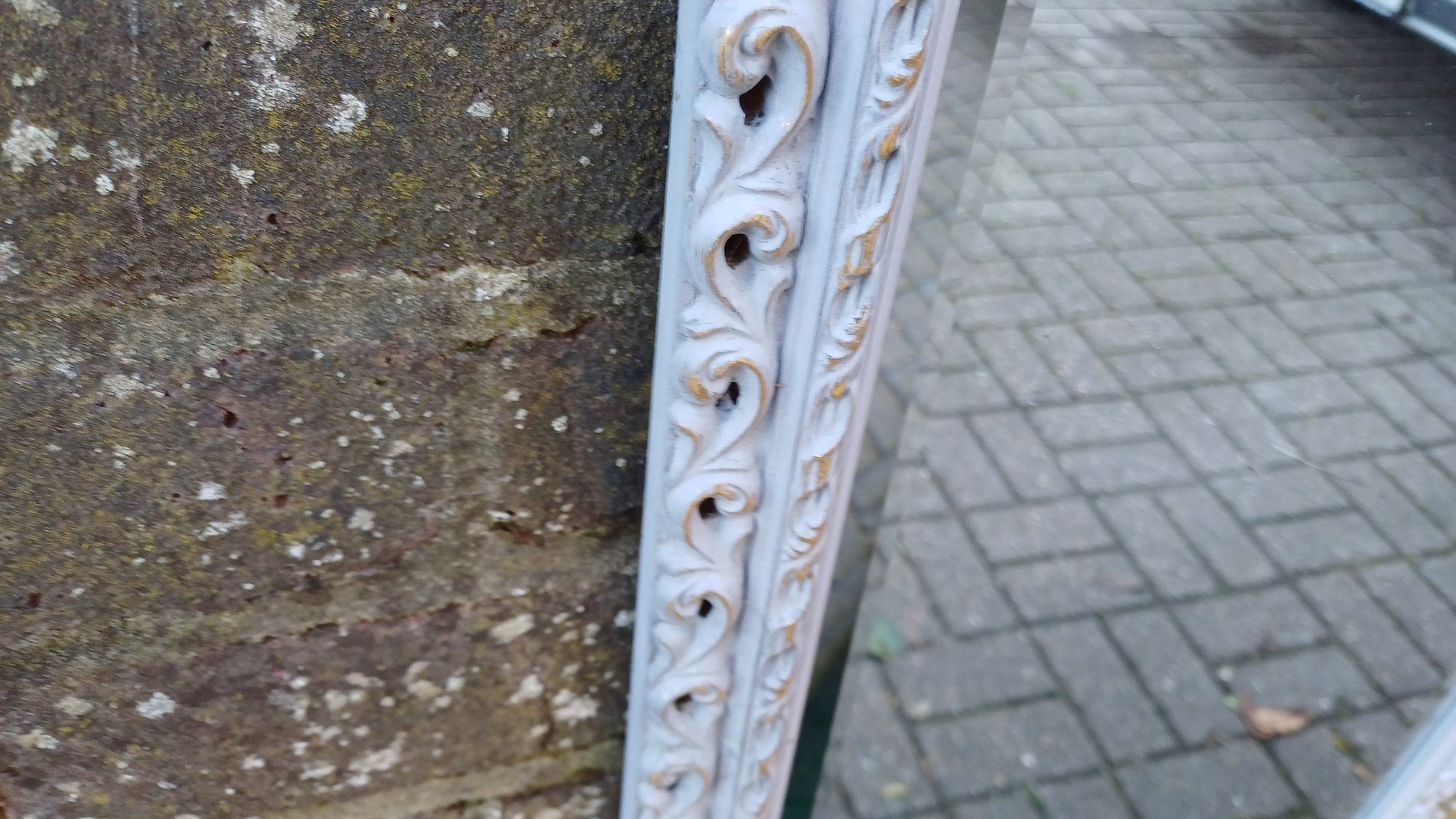 Vintage Hand Painted Retro Grey and Gold Wall Mirror Unique Bespoke Bevelled, Hangs Either Way