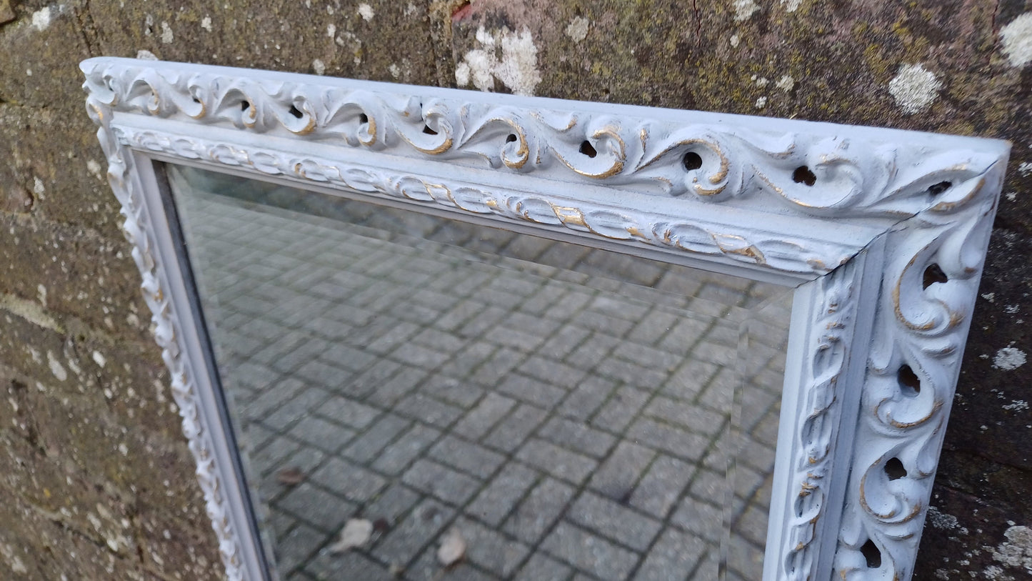 Vintage Hand Painted Retro Grey and Gold Wall Mirror Unique Bespoke Bevelled, Hangs Either Way