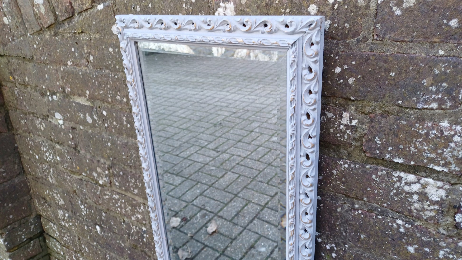 Vintage Hand Painted Retro Grey and Gold Wall Mirror Unique Bespoke Bevelled, Hangs Either Way
