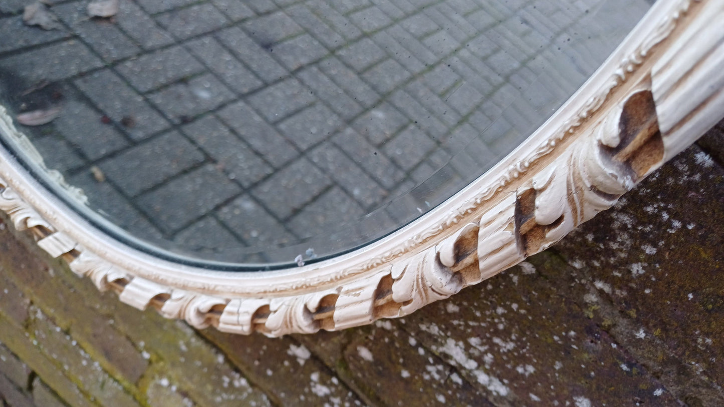 Large Vintage Oval 50s or 60s Painted Cream and God Oval Wall Mirror. Ribbon Decoration.