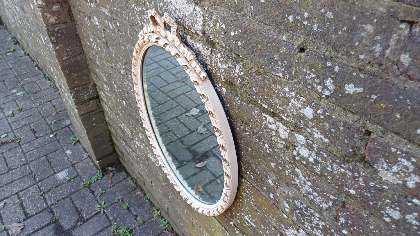 Large Vintage Oval 50s or 60s Painted Cream and God Oval Wall Mirror. Ribbon Decoration.