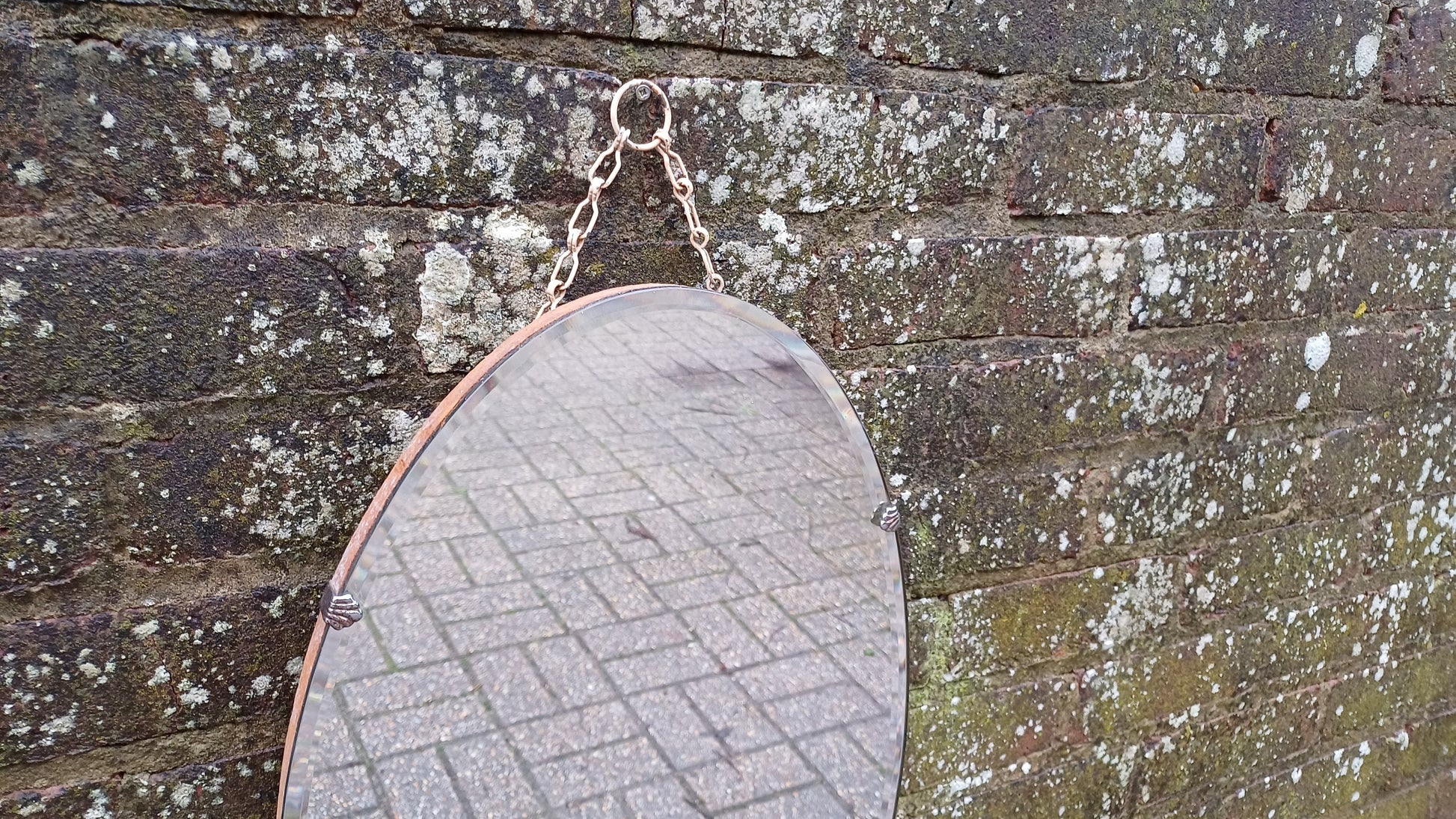 Vintage Retro Oval 1950s Frameless Mirror Bevelled Edges. Chrome Clips.