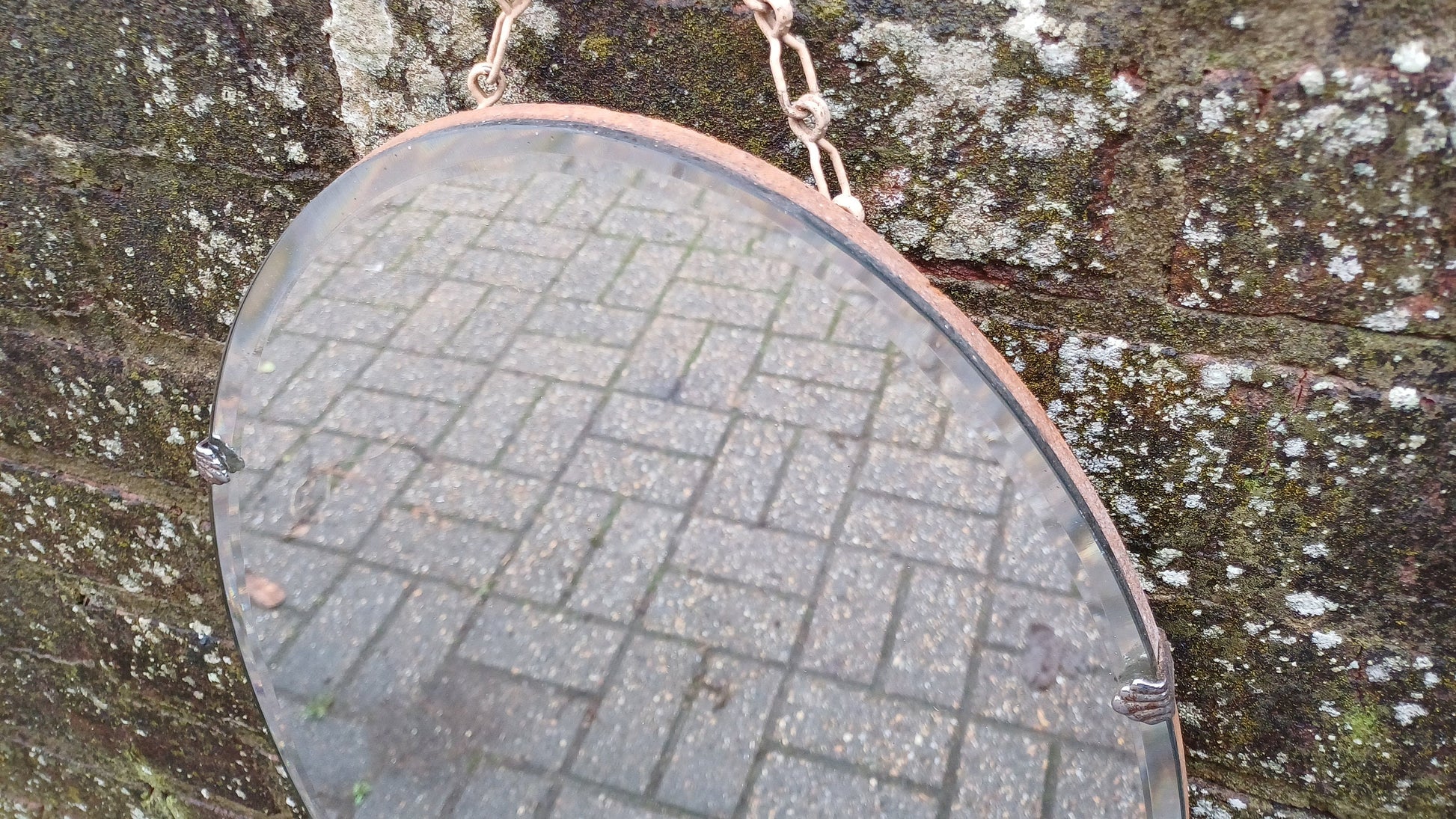 Vintage Retro Oval 1950s Frameless Mirror Bevelled Edges. Chrome Clips.