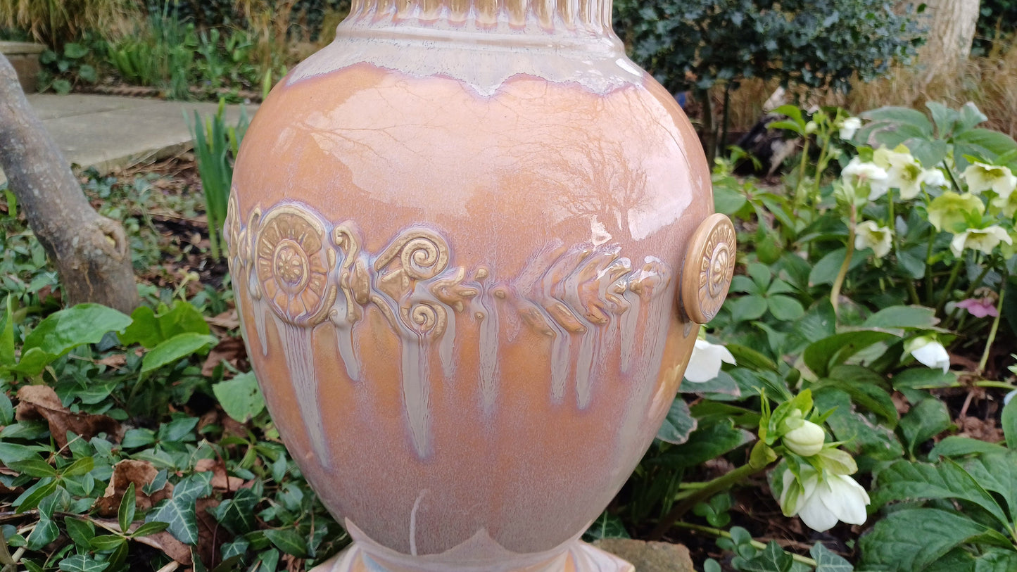 Pair of Huge Heavy Ceramic Lamp Lamps Glazed Pottery Lustre Finish and Glaze. Pleated Silk Effect Lampshades.