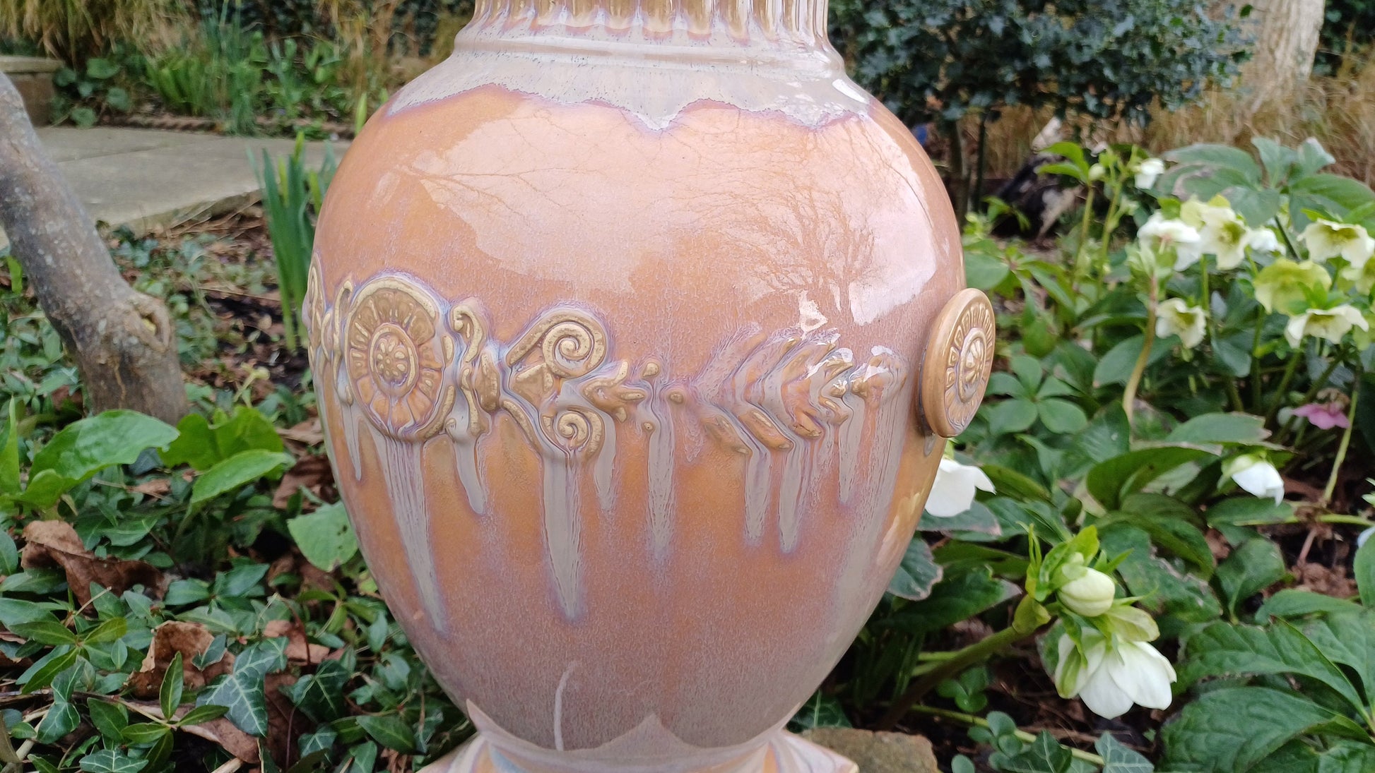Pair of Huge Heavy Ceramic Lamp Lamps Glazed Pottery Lustre Finish and Glaze. Pleated Silk Effect Lampshades.