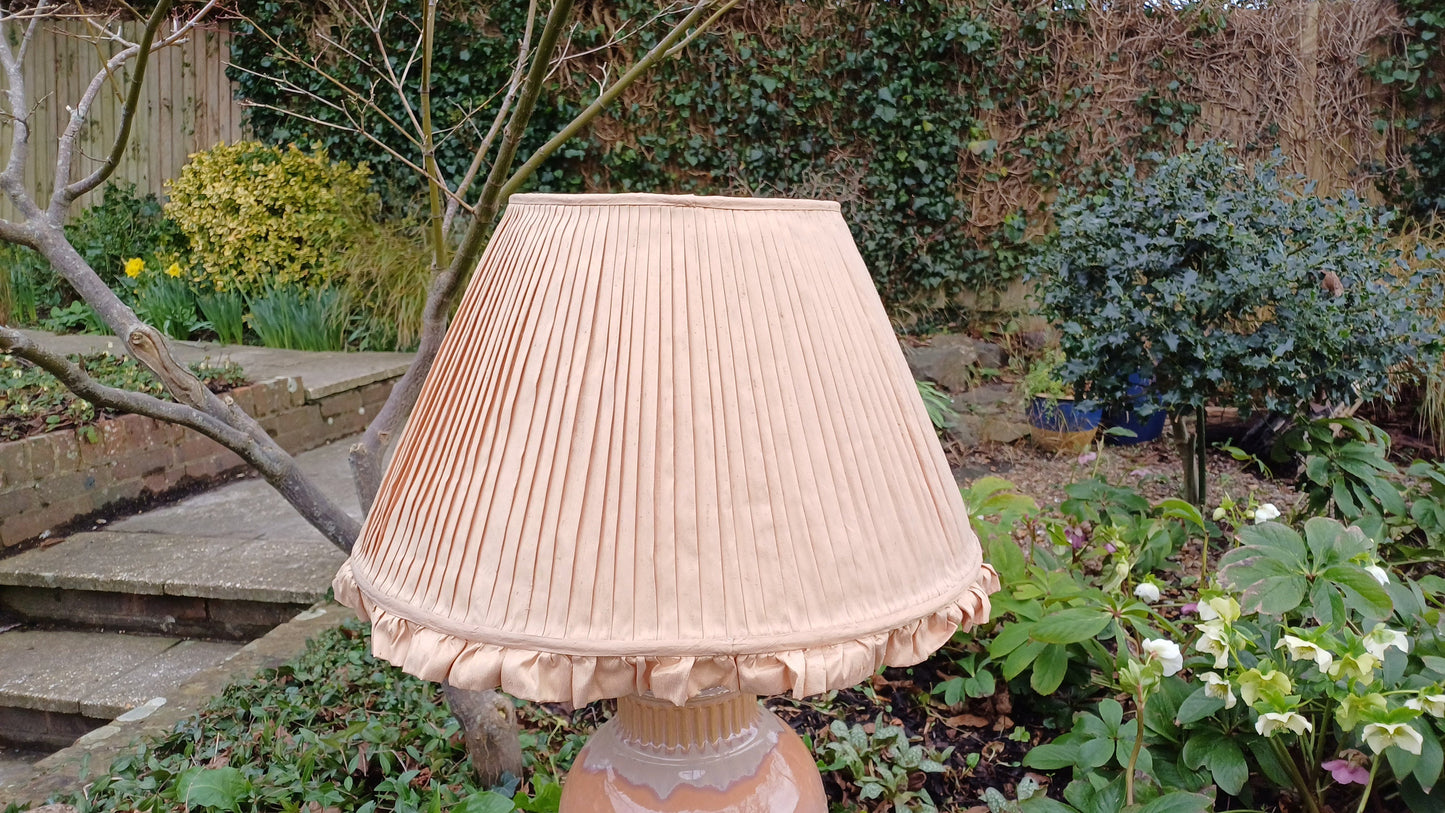 Pair of Huge Heavy Ceramic Lamp Lamps Glazed Pottery Lustre Finish and Glaze. Pleated Silk Effect Lampshades.