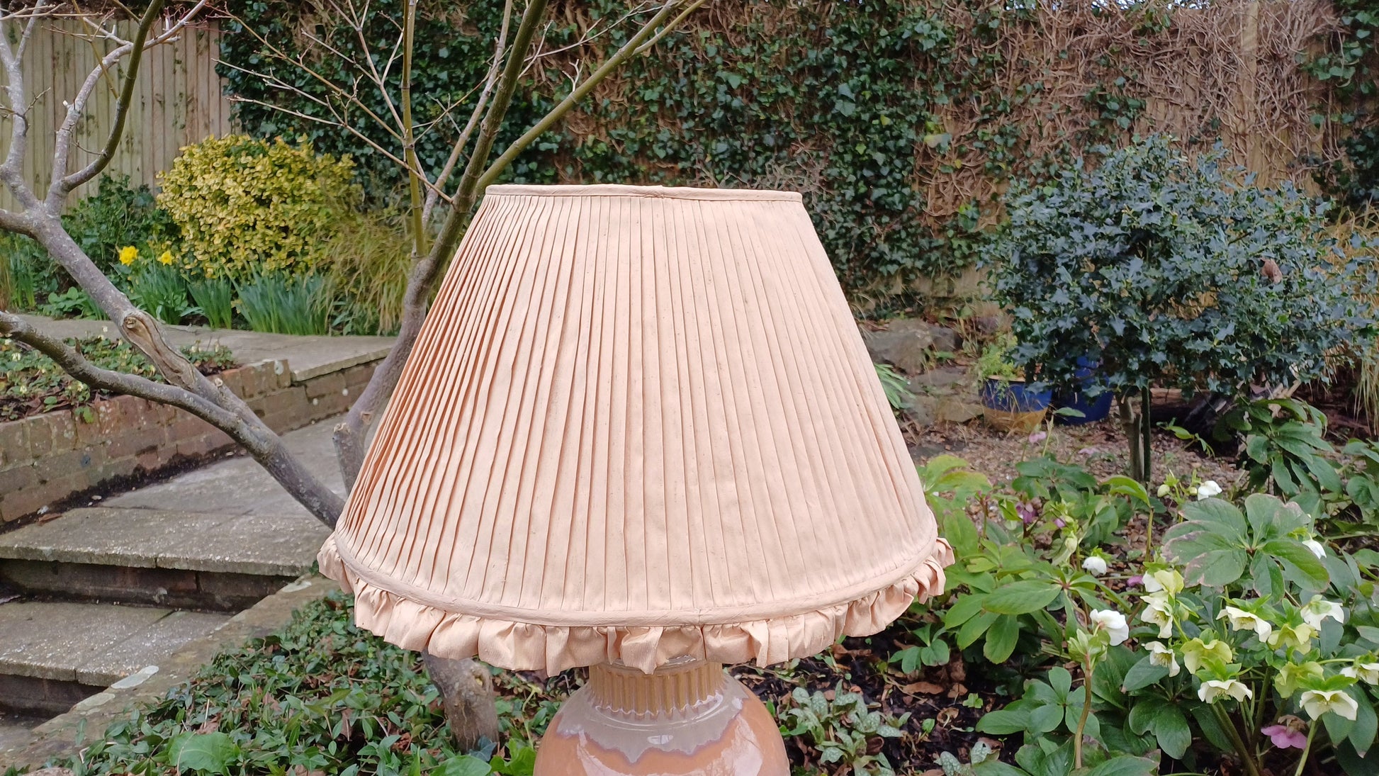 Pair of Huge Heavy Ceramic Lamp Lamps Glazed Pottery Lustre Finish and Glaze. Pleated Silk Effect Lampshades.