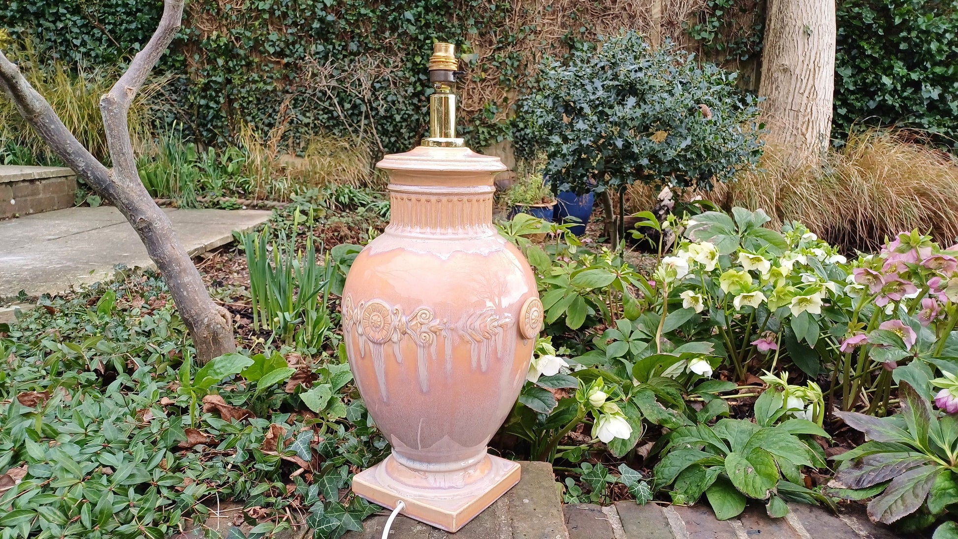 Pair of Huge Heavy Ceramic Lamp Lamps Glazed Pottery Lustre Finish and Glaze. Pleated Silk Effect Lampshades.