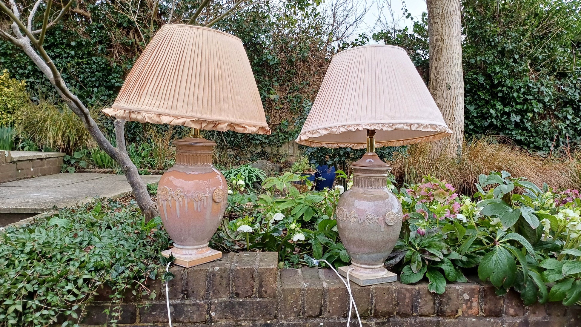 Pair of Huge Heavy Ceramic Lamp Lamps Glazed Pottery Lustre Finish and Glaze. Pleated Silk Effect Lampshades.