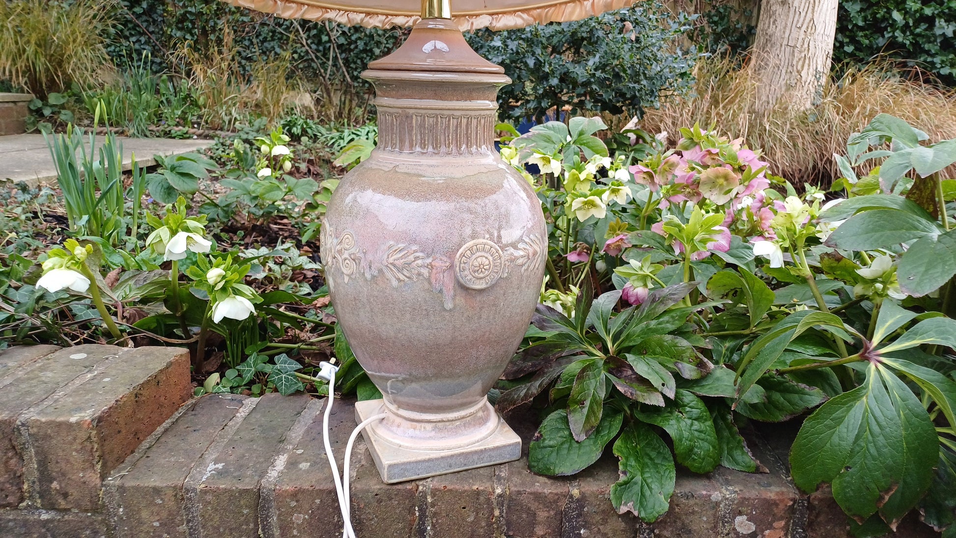 Pair of Huge Heavy Ceramic Lamp Lamps Glazed Pottery Lustre Finish and Glaze. Pleated Silk Effect Lampshades.