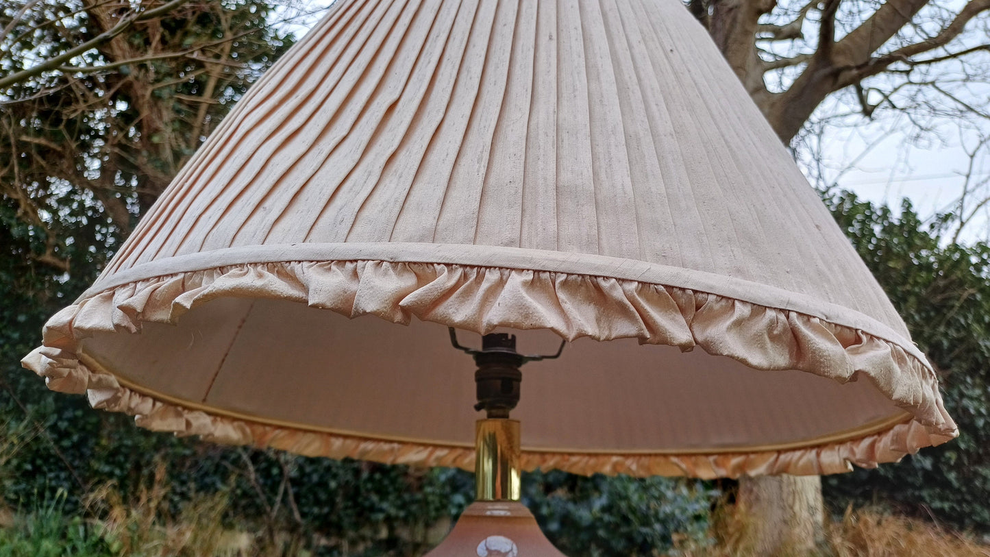 Huge Heavy Ceramic Lamp Glazed Pottery Lustre Finish and Glaze. Pleated Silk Effect Lampshade.