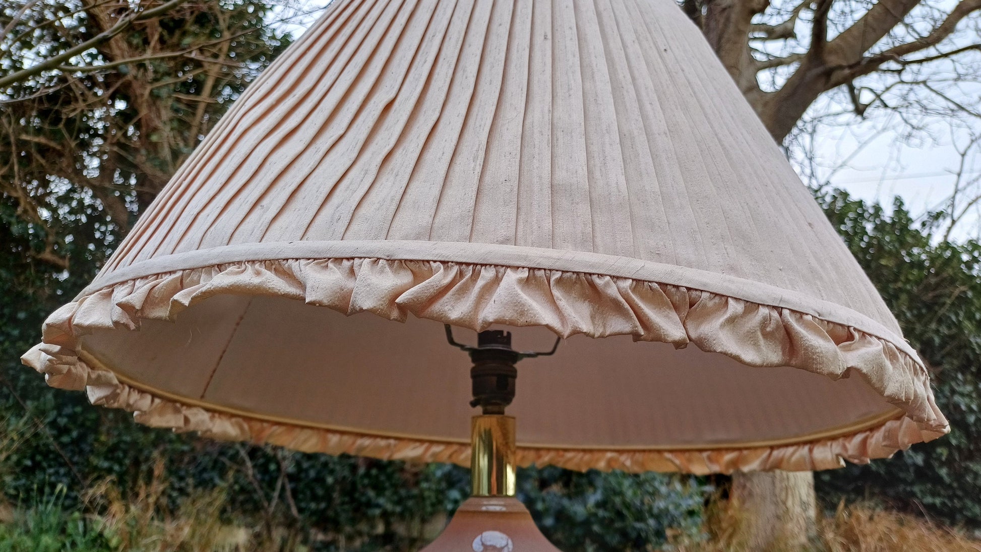 Huge Heavy Ceramic Lamp Glazed Pottery Lustre Finish and Glaze. Pleated Silk Effect Lampshade.