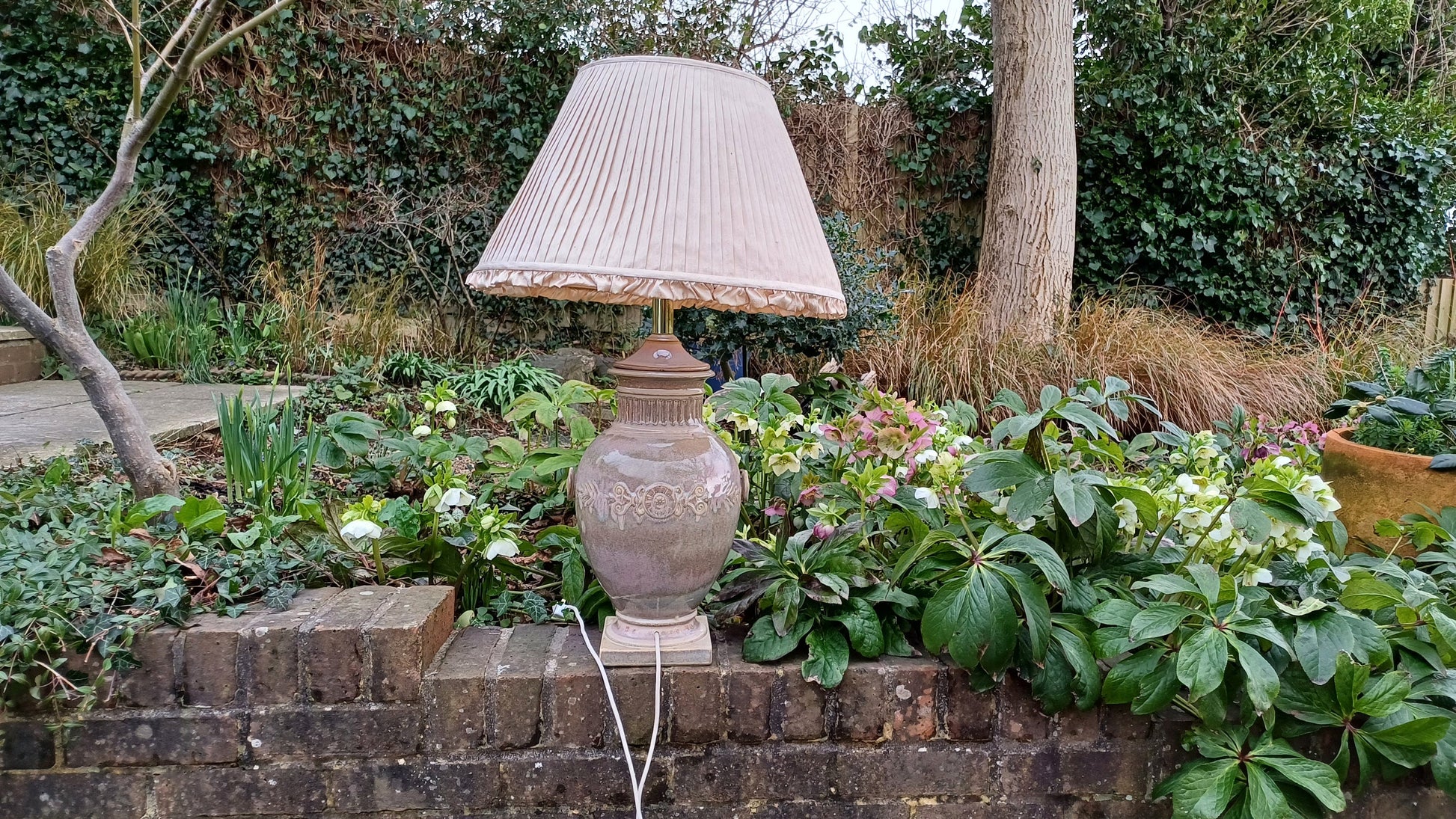 Huge Heavy Ceramic Lamp Glazed Pottery Lustre Finish and Glaze. Pleated Silk Effect Lampshade.