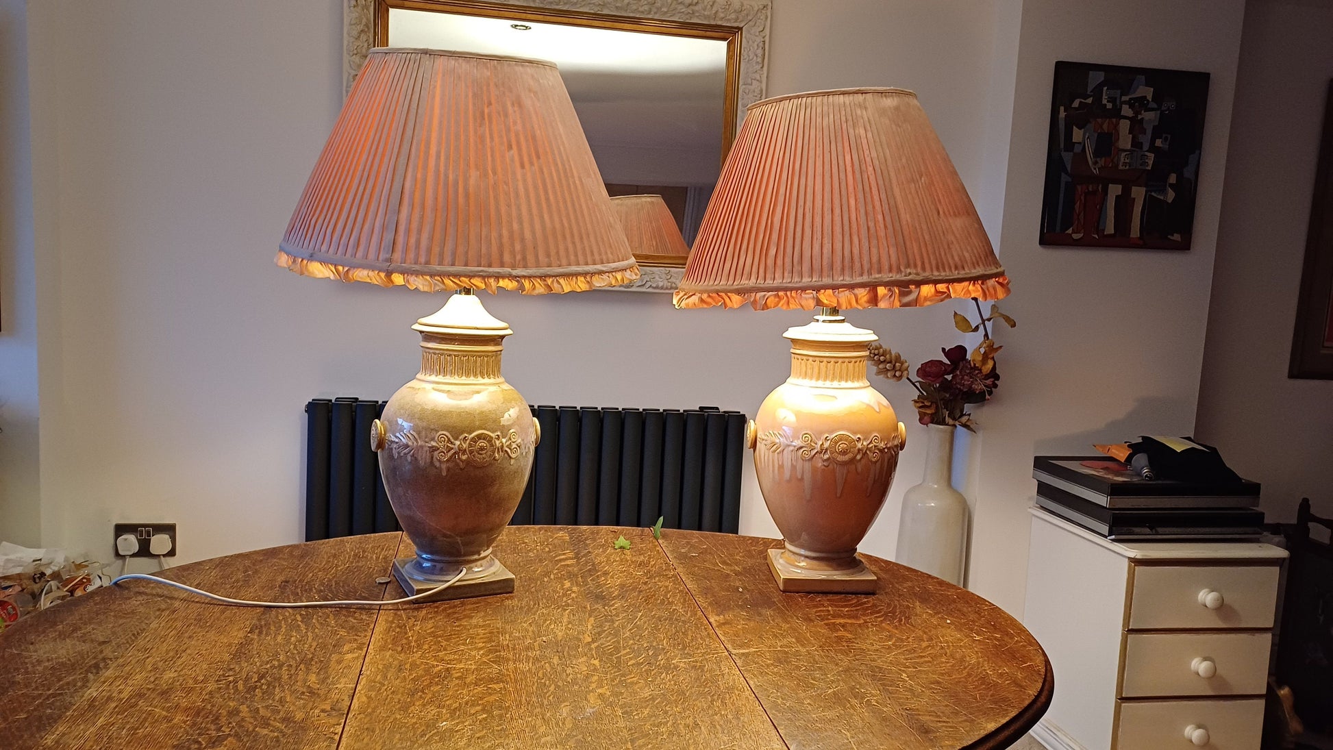 Pair of Huge Heavy Ceramic Lamp Lamps Glazed Pottery Lustre Finish and Glaze. Pleated Silk Effect Lampshades.
