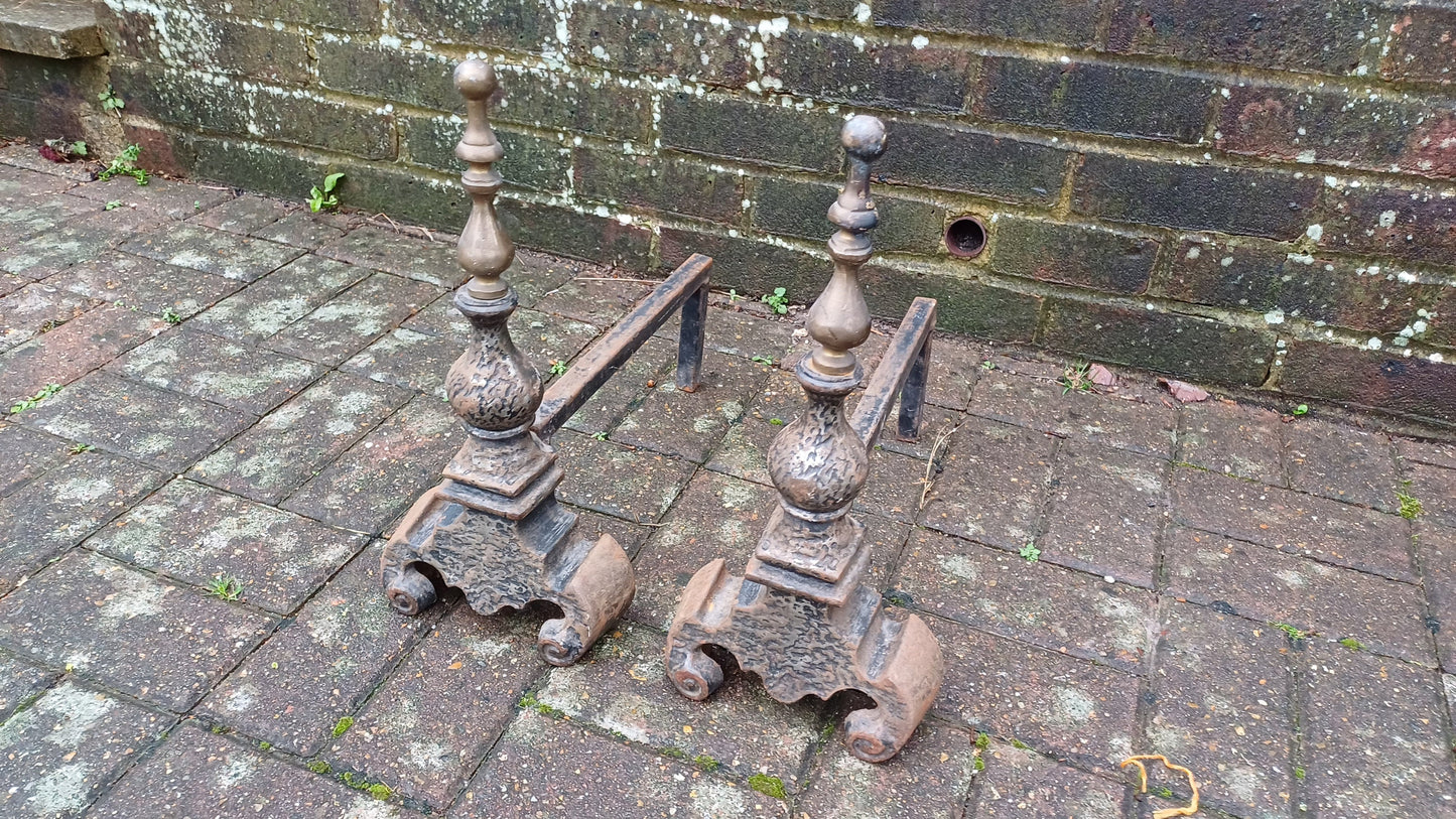 Pair of Vintage Brass and Iron Fire Dogs Fireplace Decor Possibly Continental.