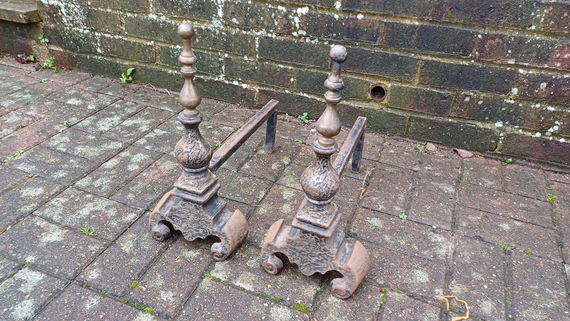 Pair of Vintage Brass and Iron Fire Dogs Fireplace Decor Possibly Continental.