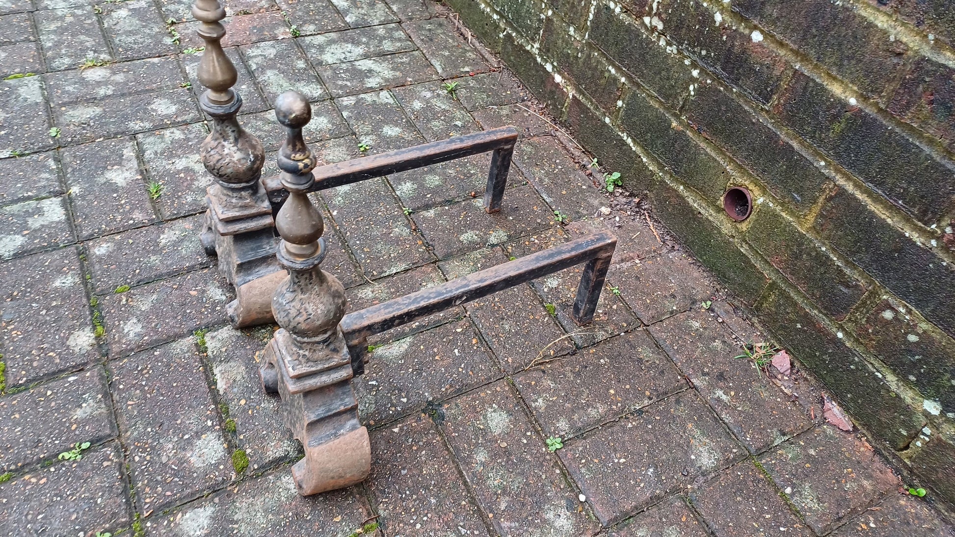Pair of Vintage Brass and Iron Fire Dogs Fireplace Decor Possibly Continental.