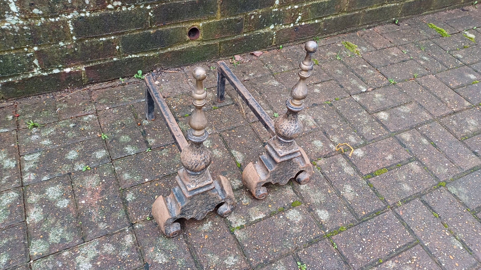 Pair of Vintage Brass and Iron Fire Dogs Fireplace Decor Possibly Continental.