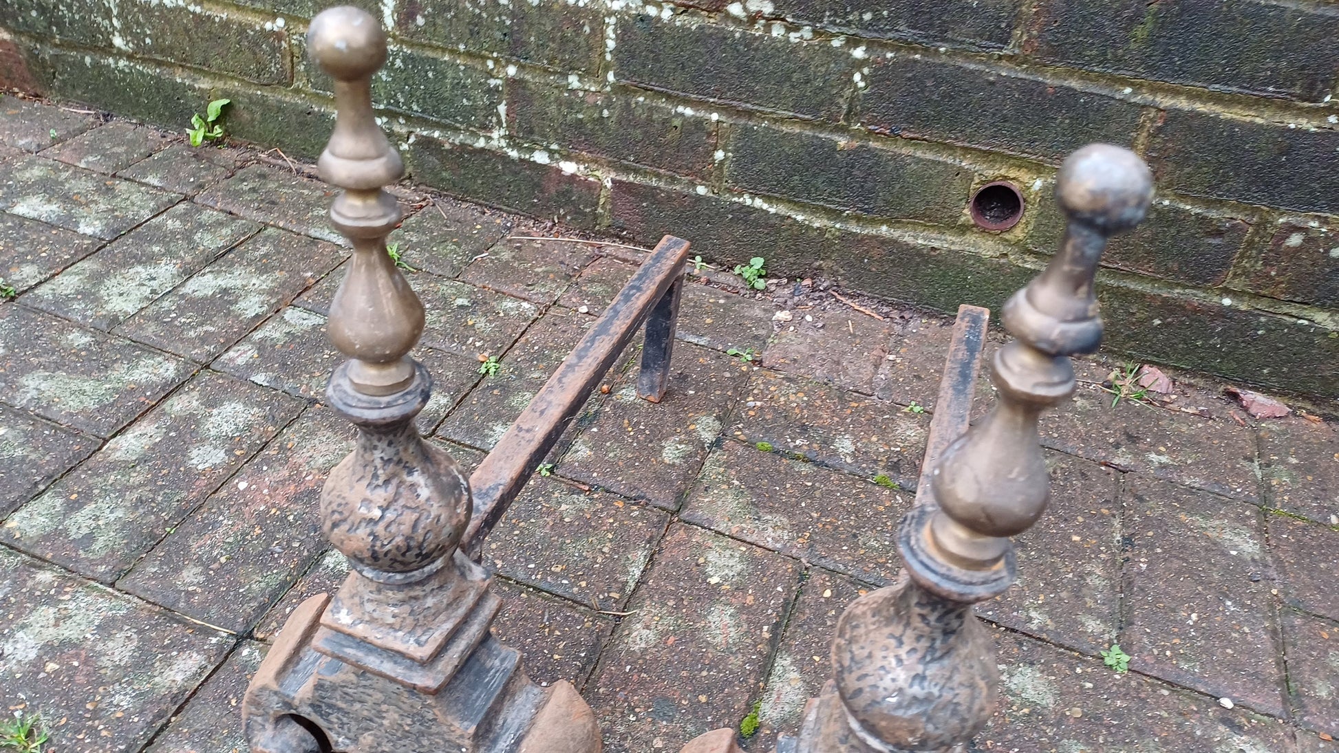 Pair of Vintage Brass and Iron Fire Dogs Fireplace Decor Possibly Continental.