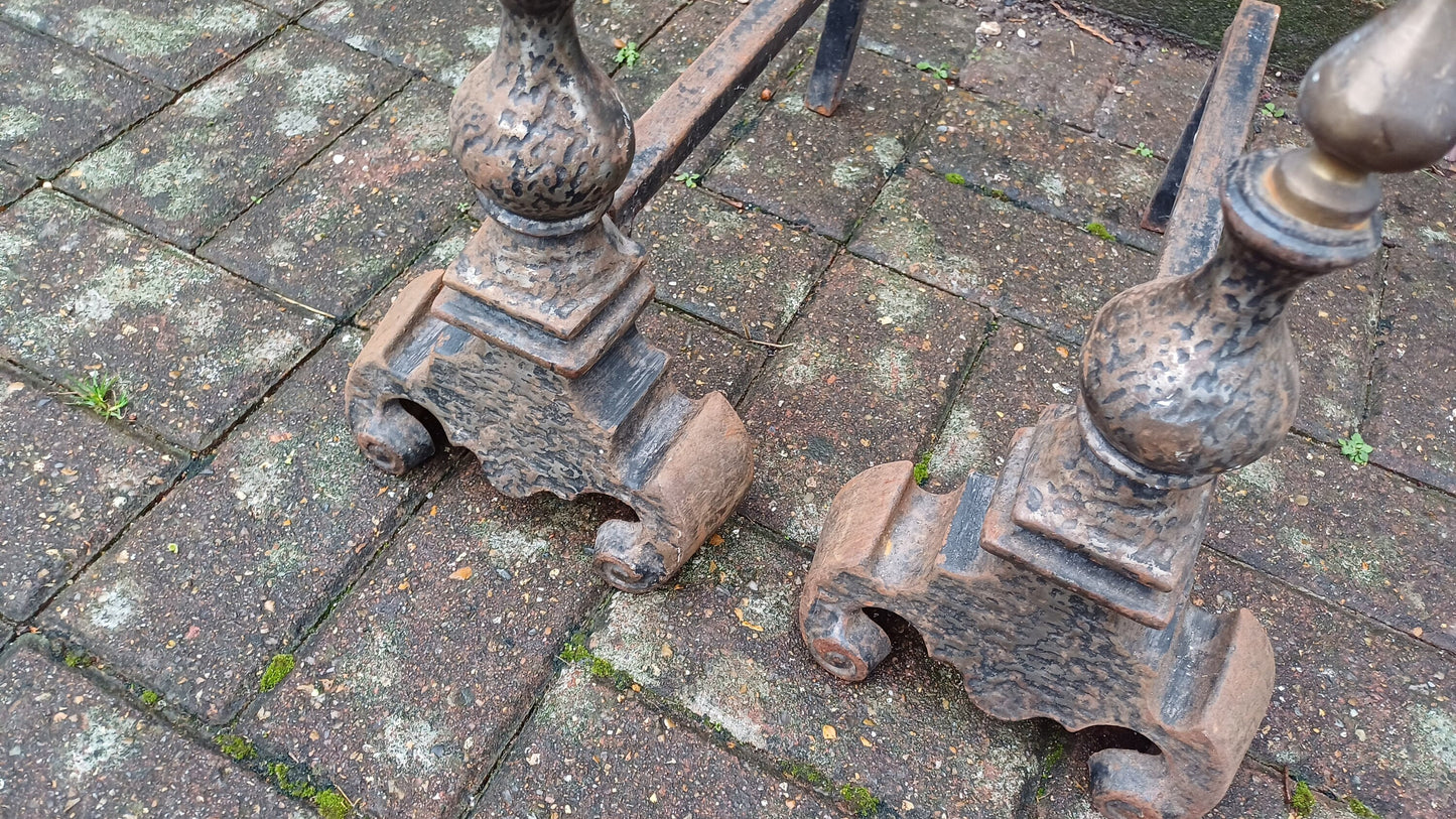Pair of Vintage Brass and Iron Fire Dogs Fireplace Decor Possibly Continental.