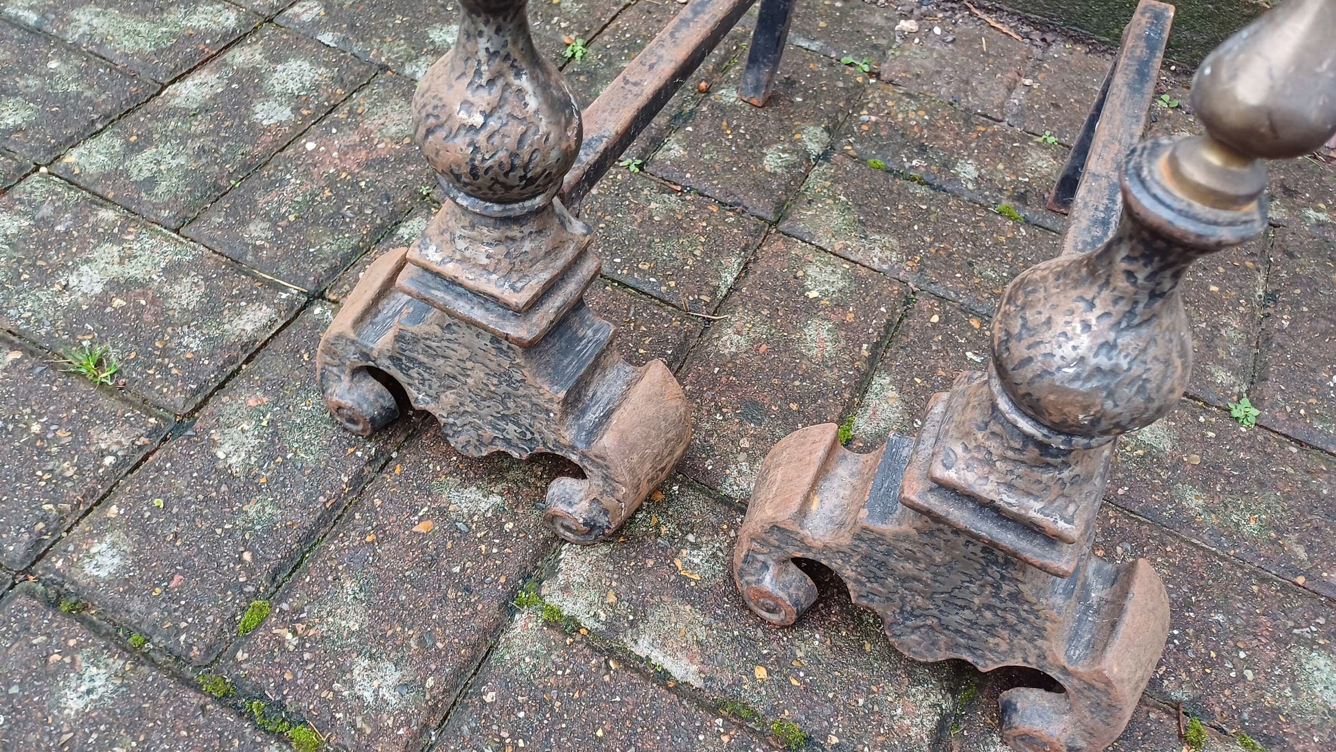 Pair of Vintage Brass and Iron Fire Dogs Fireplace Decor Possibly Continental.