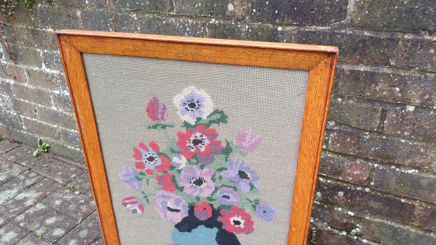 Vintage Solid Oak Fire Screen Guard with Still Life Tapestry Decoration.